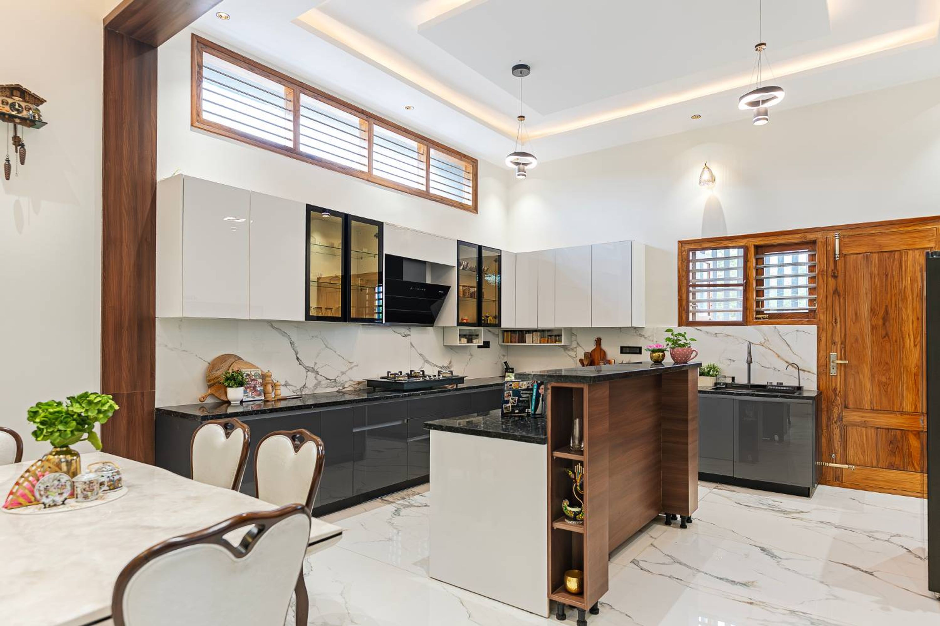 Modern Blue and White Straight Kitchen Design with Marble Countertop