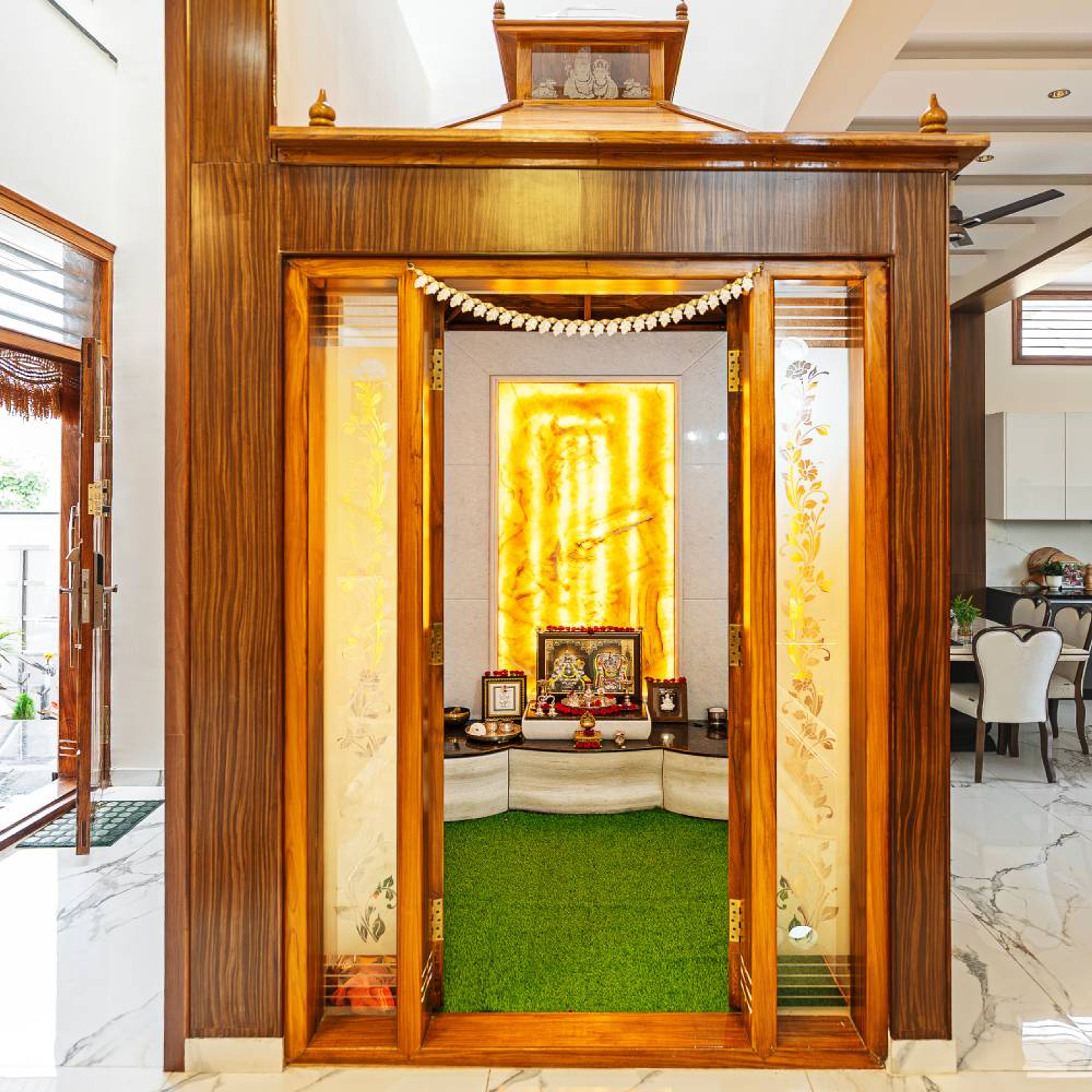 Contemporary Floor-Mounted Pooja Unit Design with Walnut Oak Finish