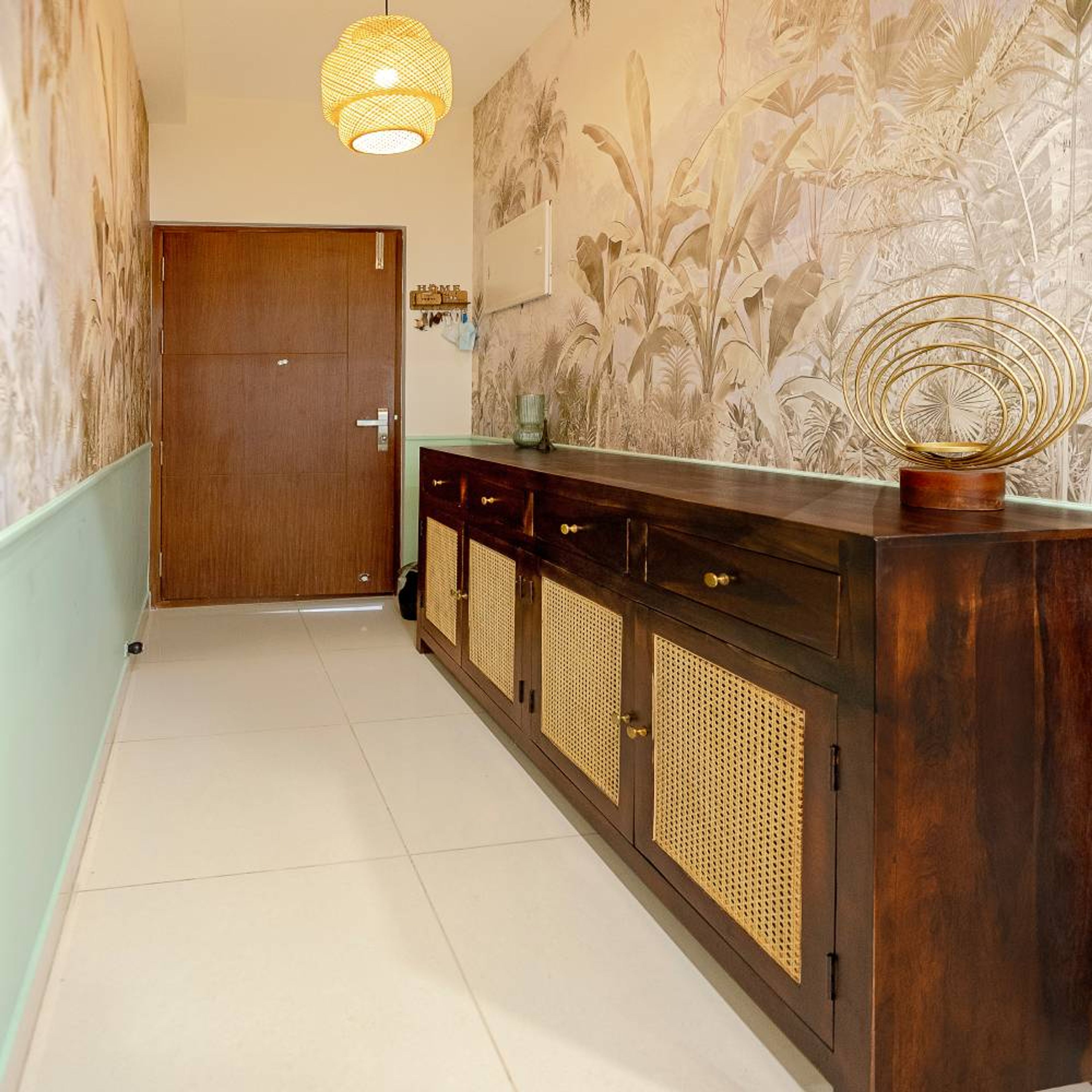 Classic Rattan and Wooden Foyer Design with Wooden Storage Console