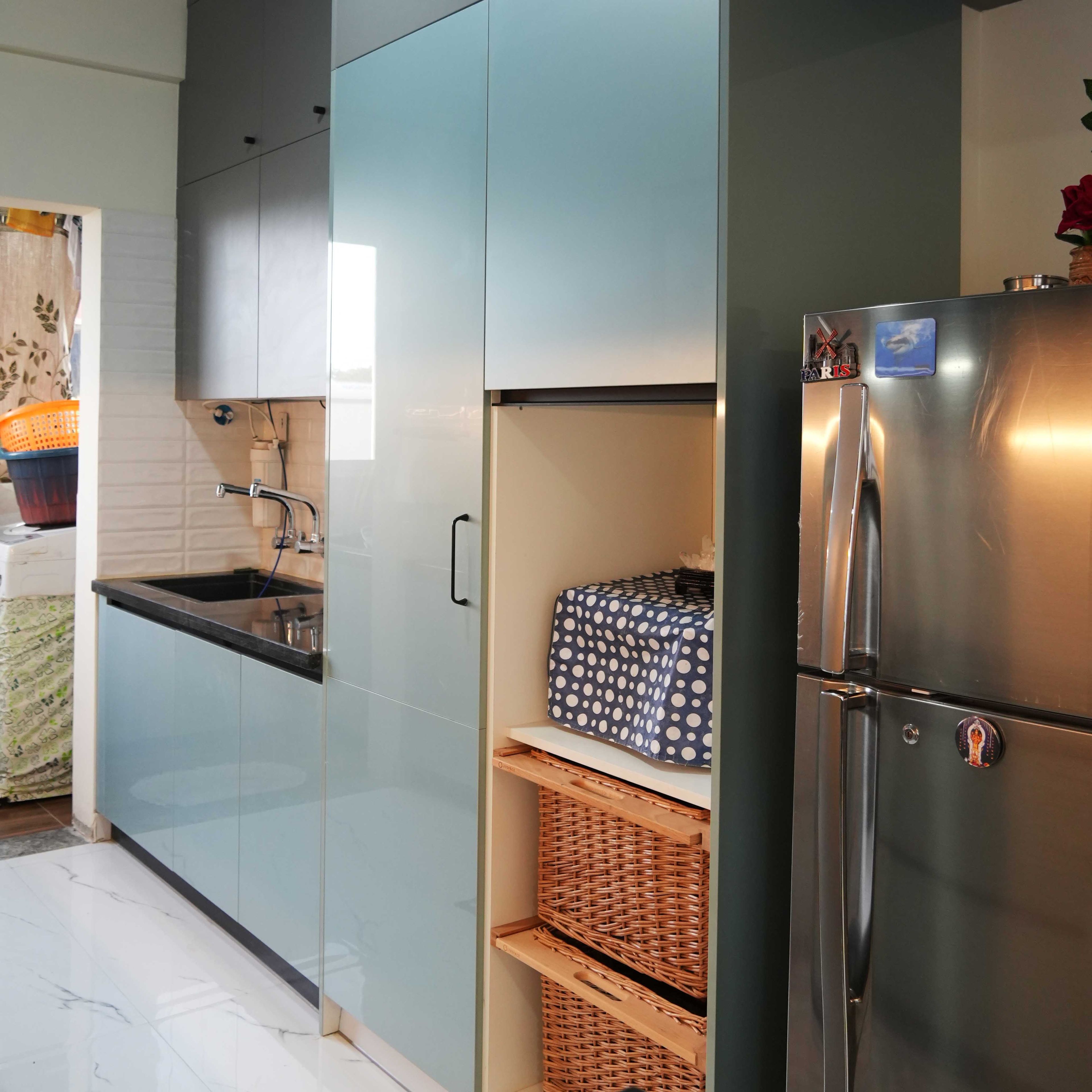 Parallel Kitchen Design with Grey and Light Blue Units and Wicker Basket