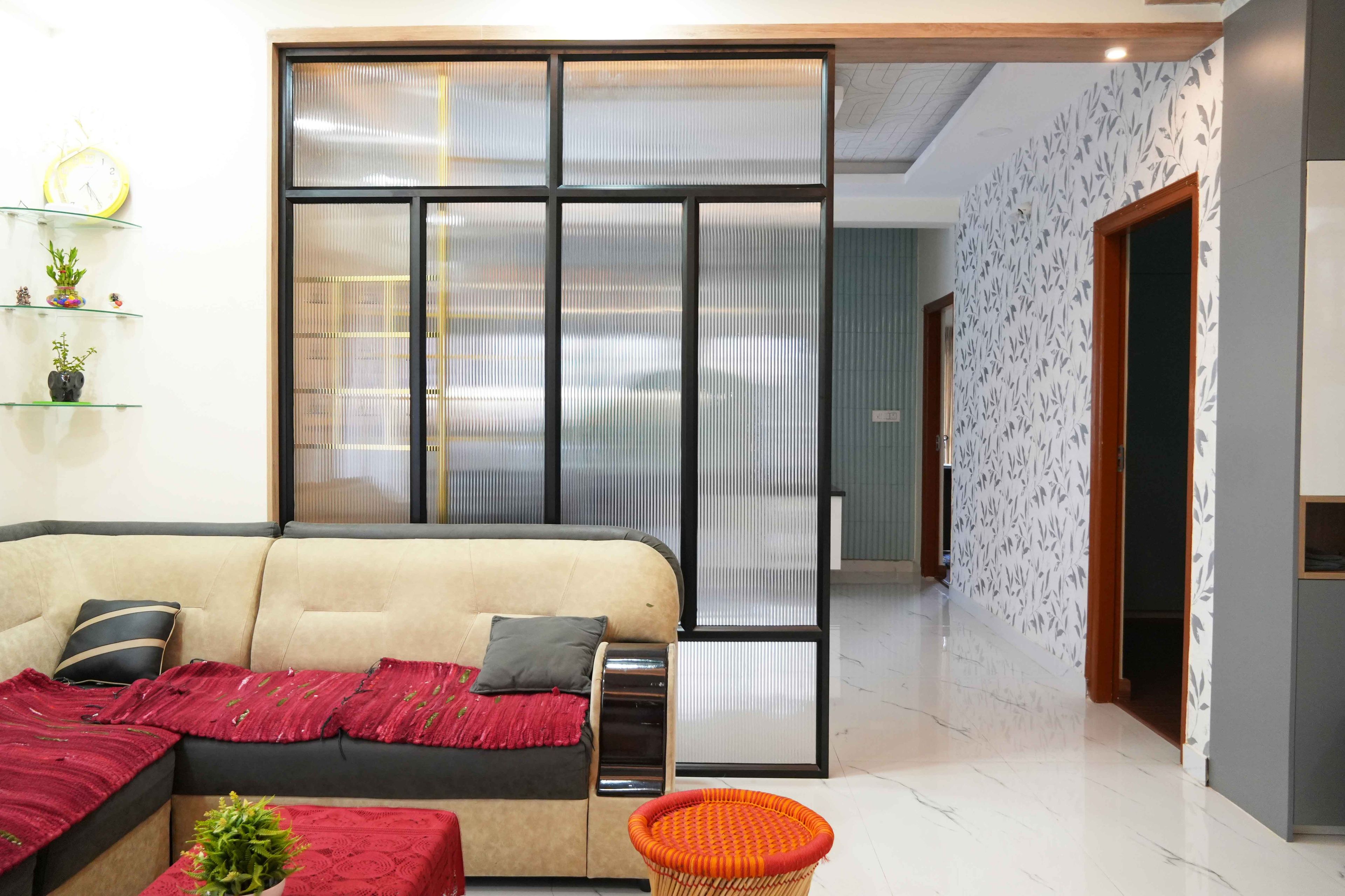 Living Room Design with Frosted Glass Divider