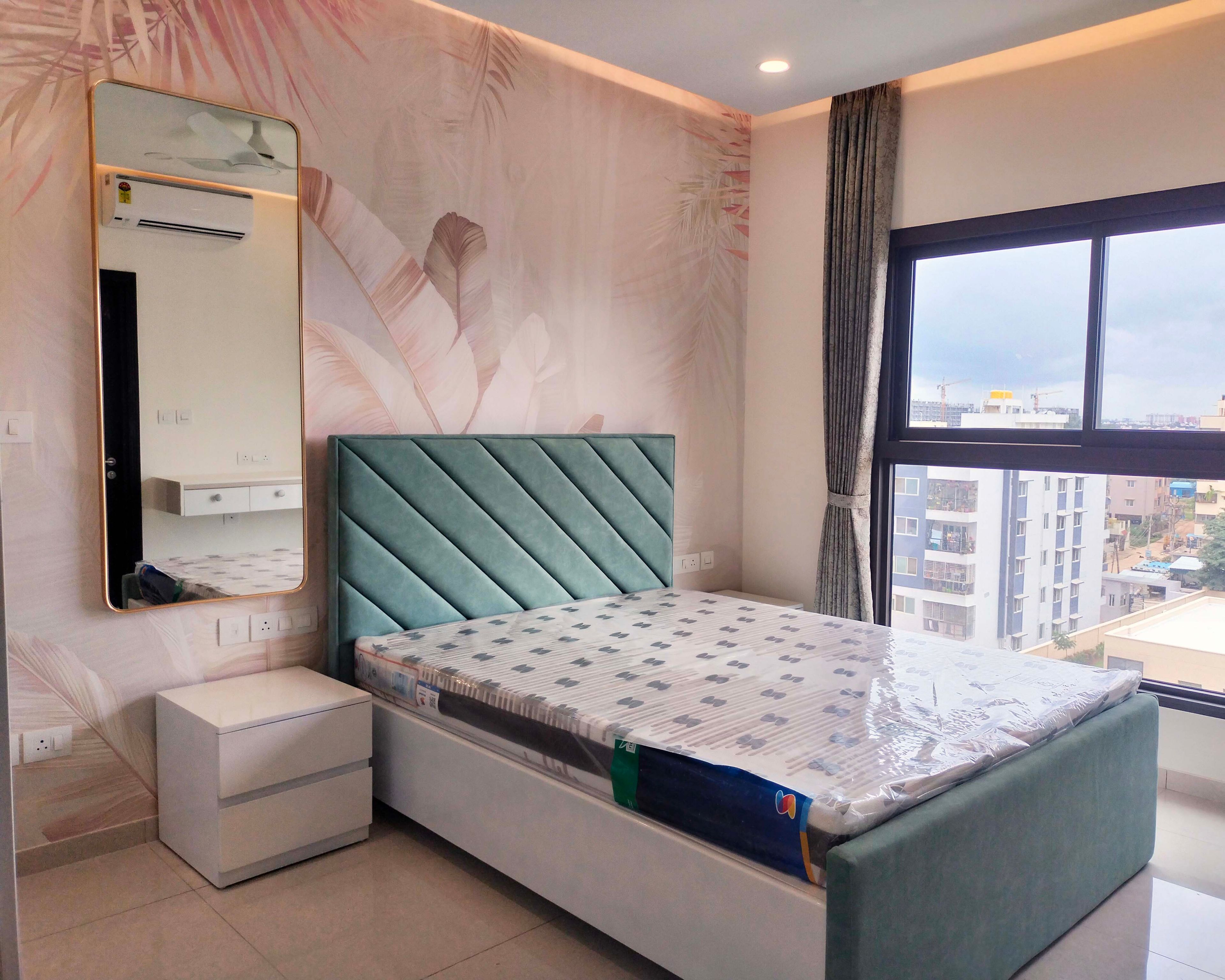 Master Bedroom Design with Tropical Pink Colour Print Wallpaper