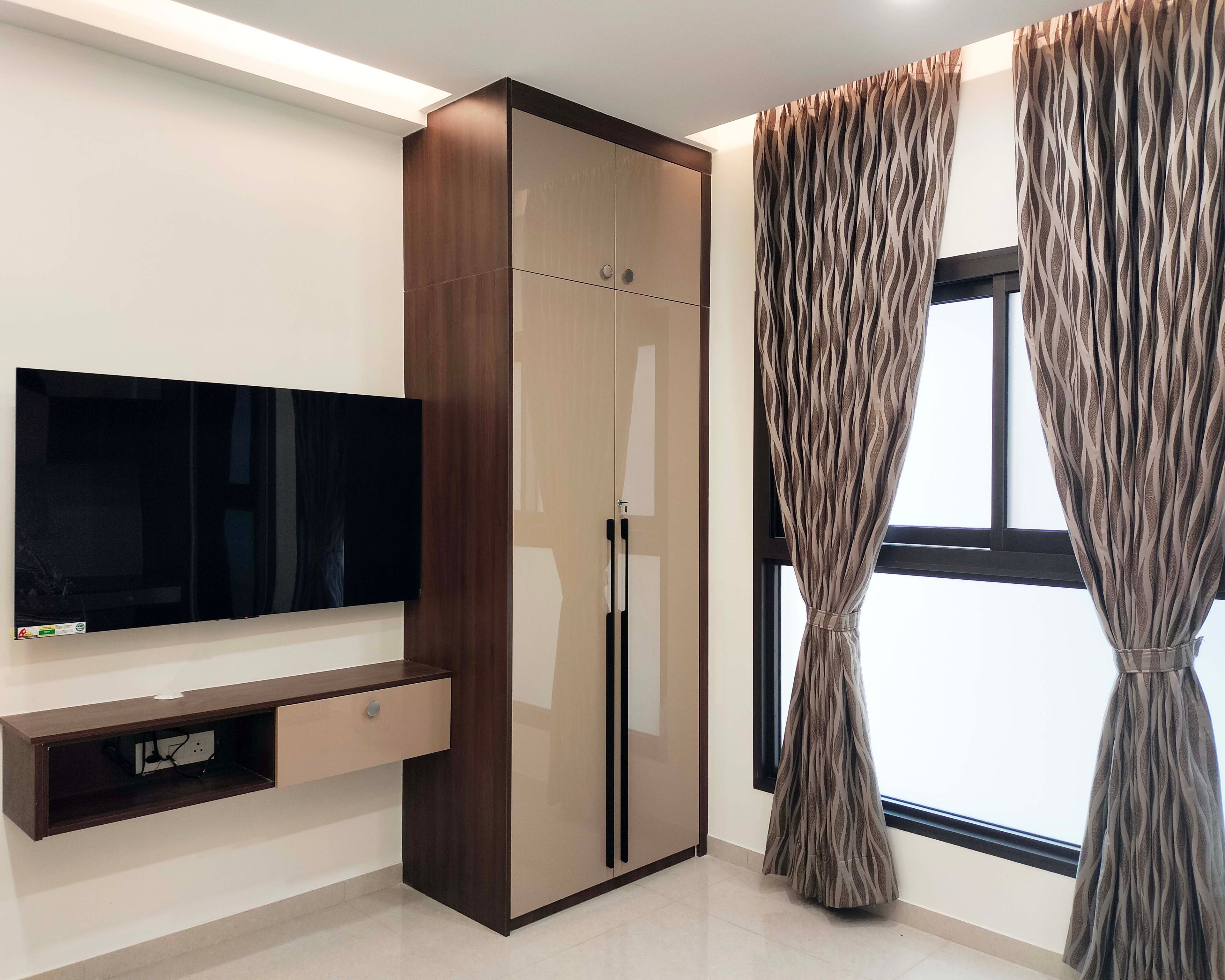 2-Door Light Brown Swing Wardrobe Design and TV Unit