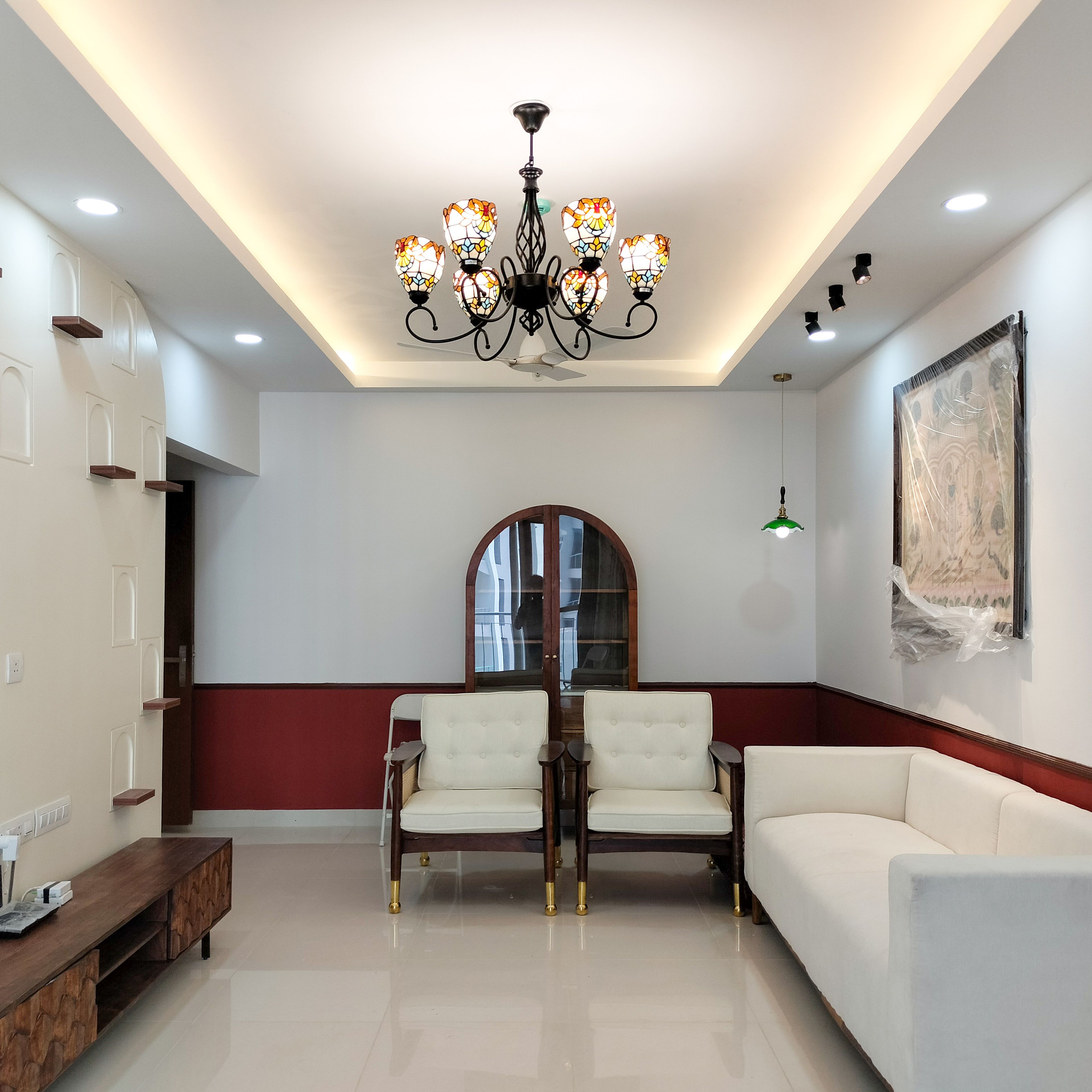 Living Room Design with White Sofas and TV Unit with Wooden Drawers