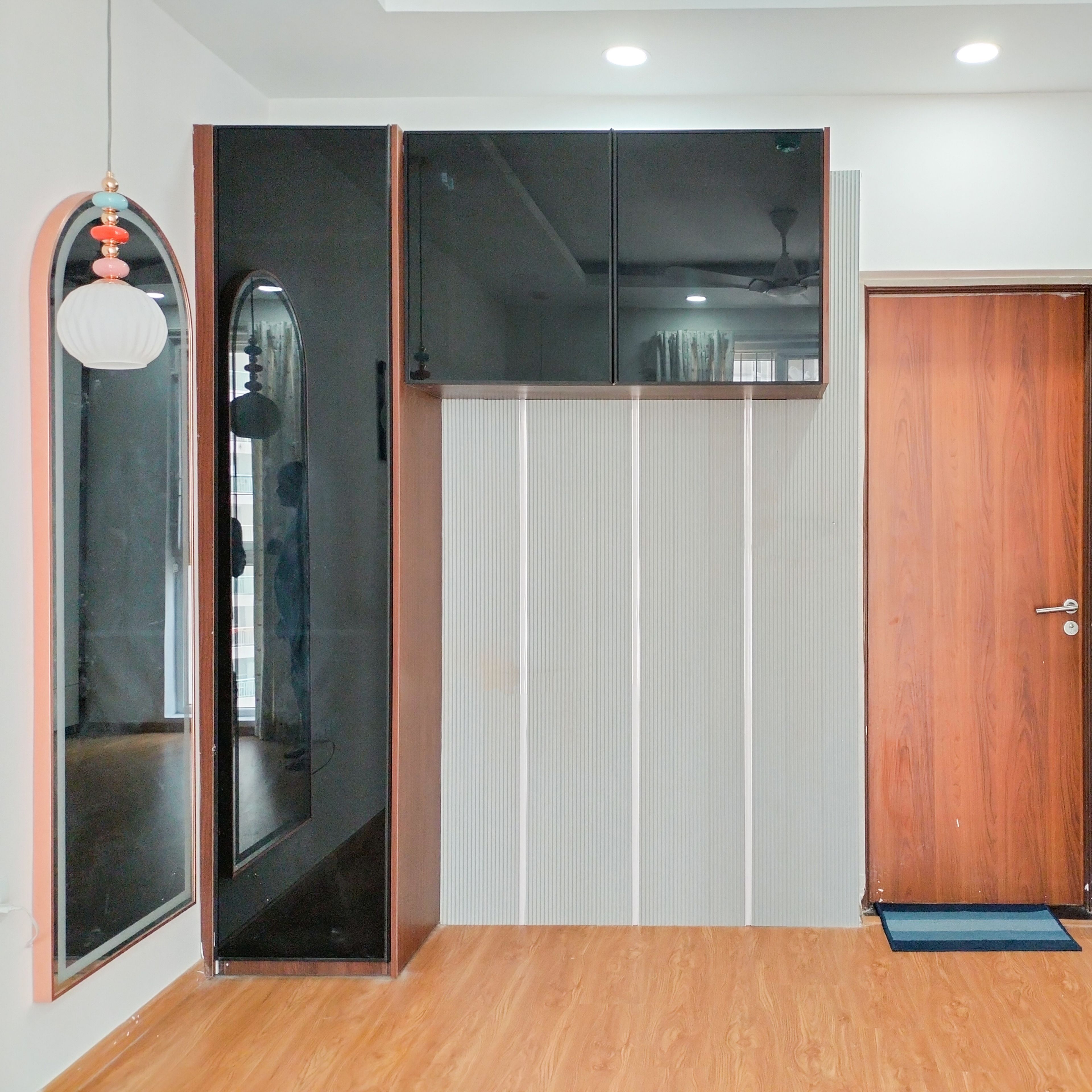 Tinted Black Glass Tall Unit and Wall Unit and Wall Mounted Mirror