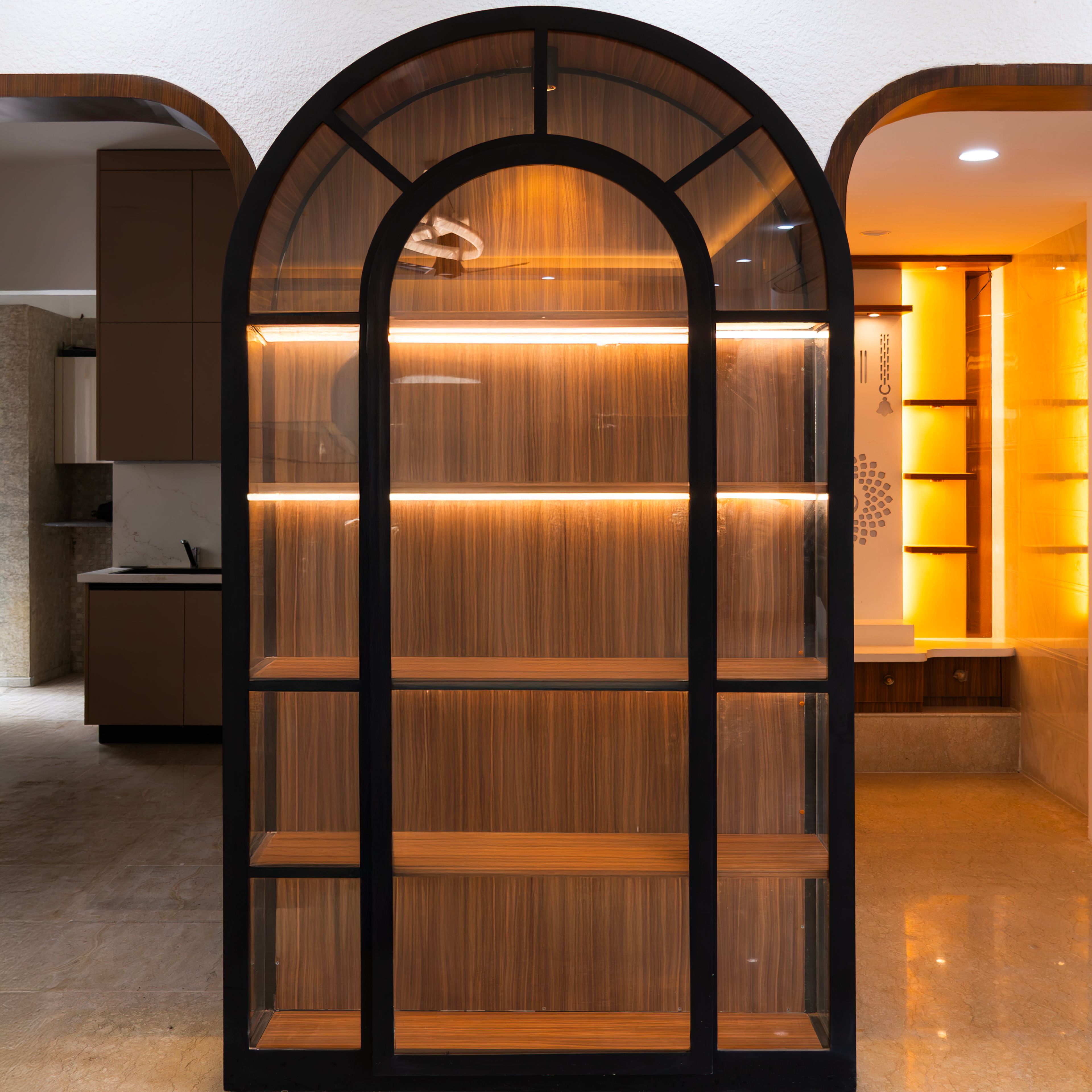 Crockery Unit Design with Wooden Arched Frame and Warm Lighting
