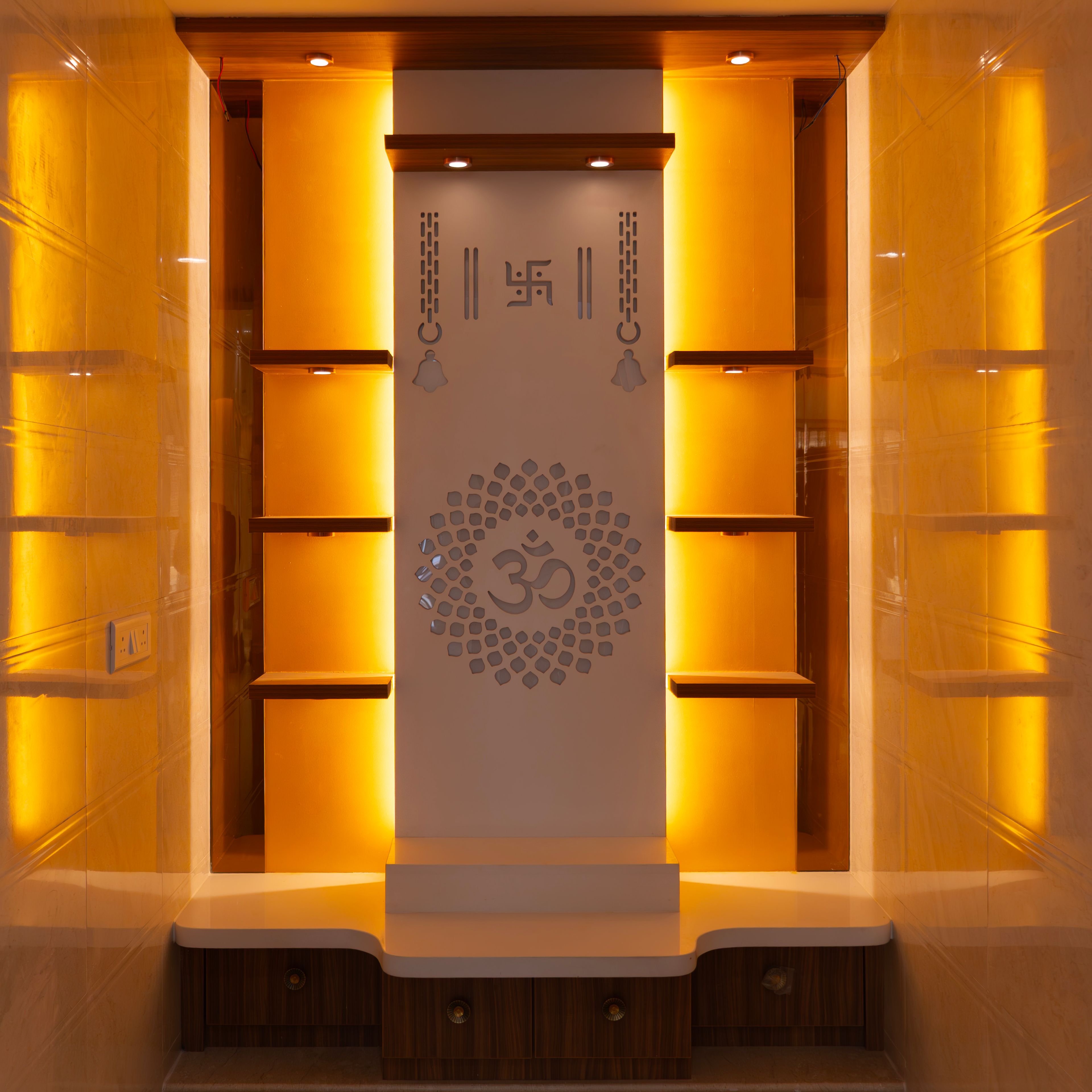 Pooja Room Design with CNC Cut Panel and Backlit Shelves