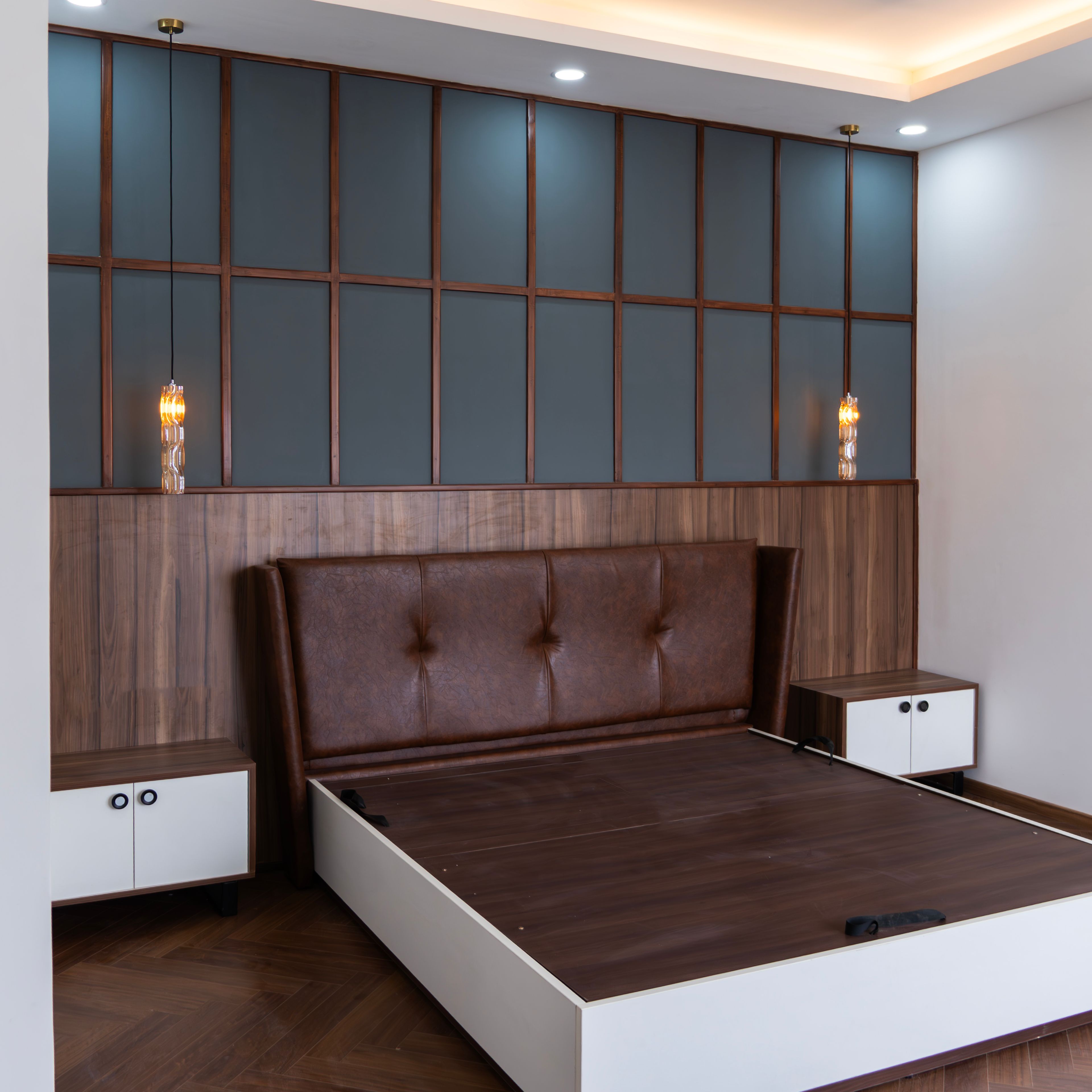 Master Bedroom Design with Brown Upholstered Bed and Wooden Panelled Wall
