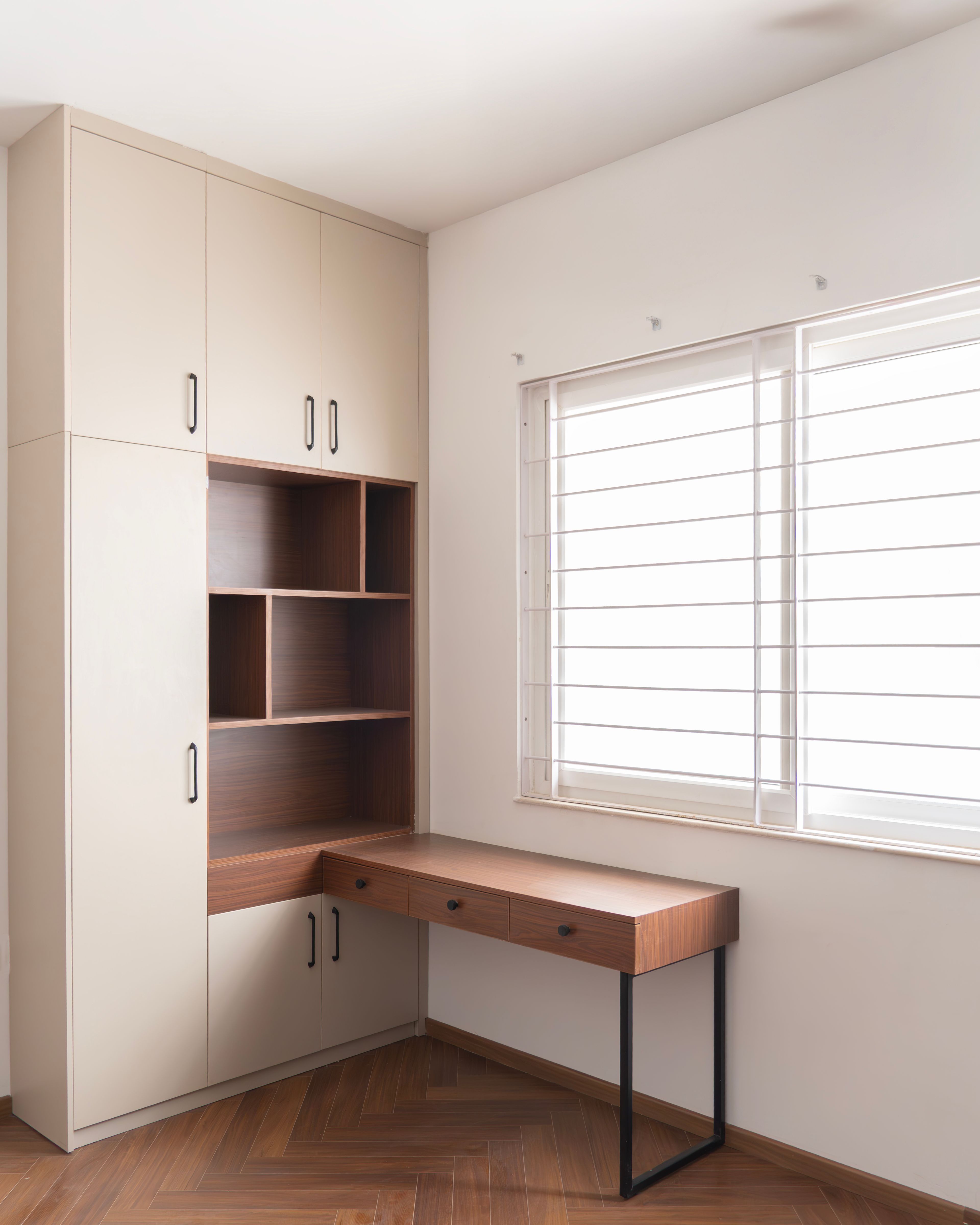 Study Unit with L-Shaped Wooden Desk and Tall Storage Cabinet