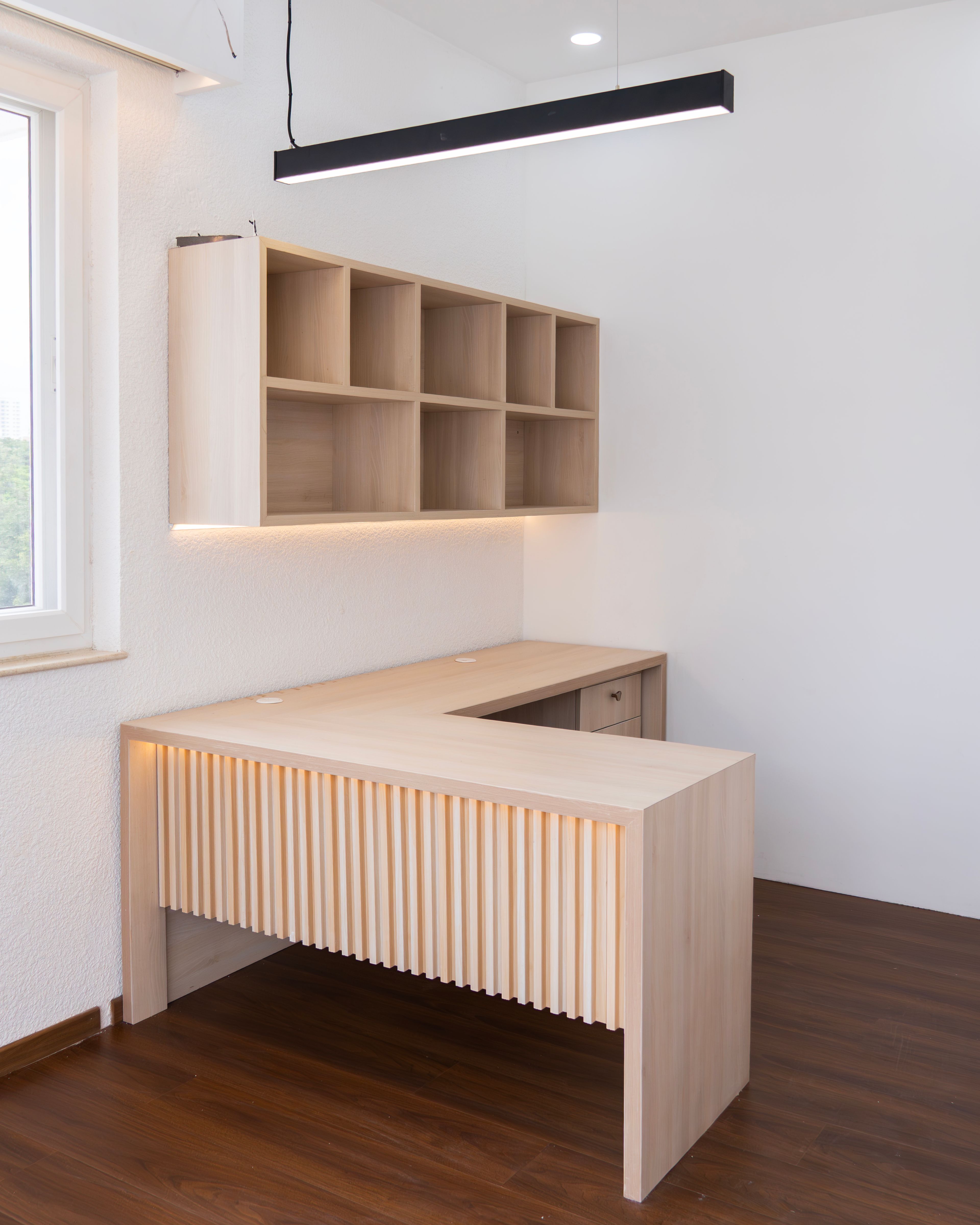 Home Office Design with L-Shaped Wooden Desk and Open Shelves