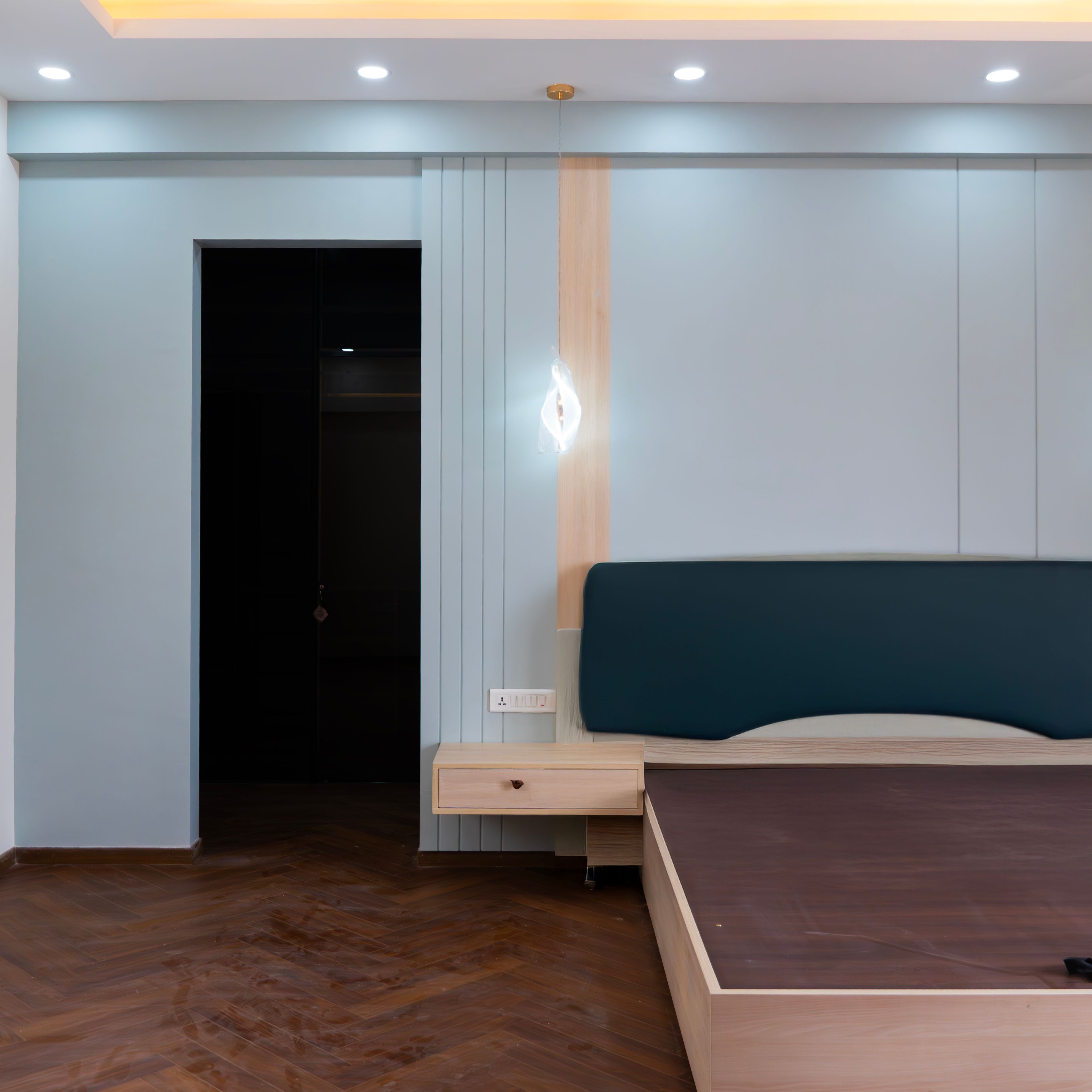 Bedroom Design with Blue Headboard Wall Panel and One Pendant Light