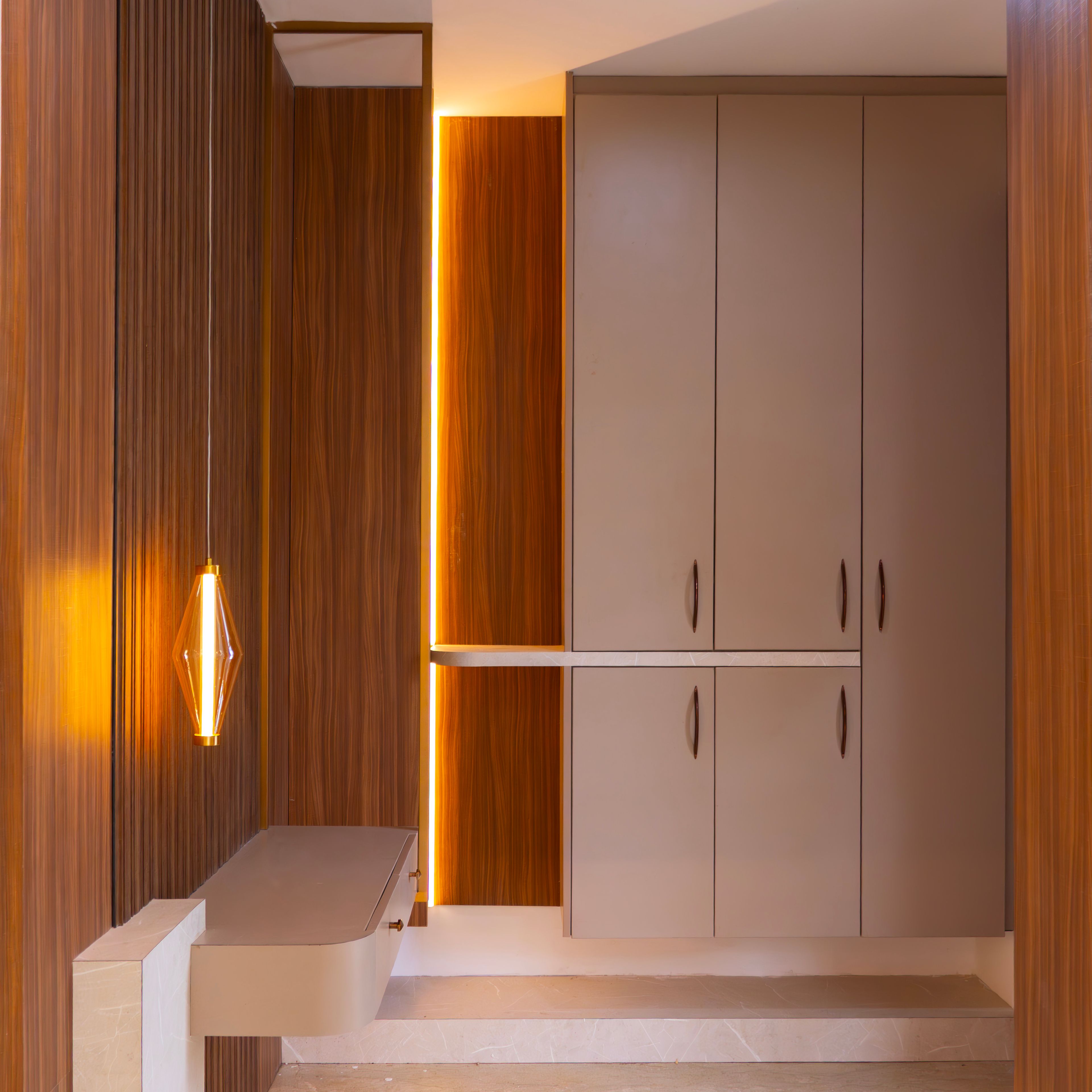 Foyer Design with Wooden Wall Panel and Floating Console Table