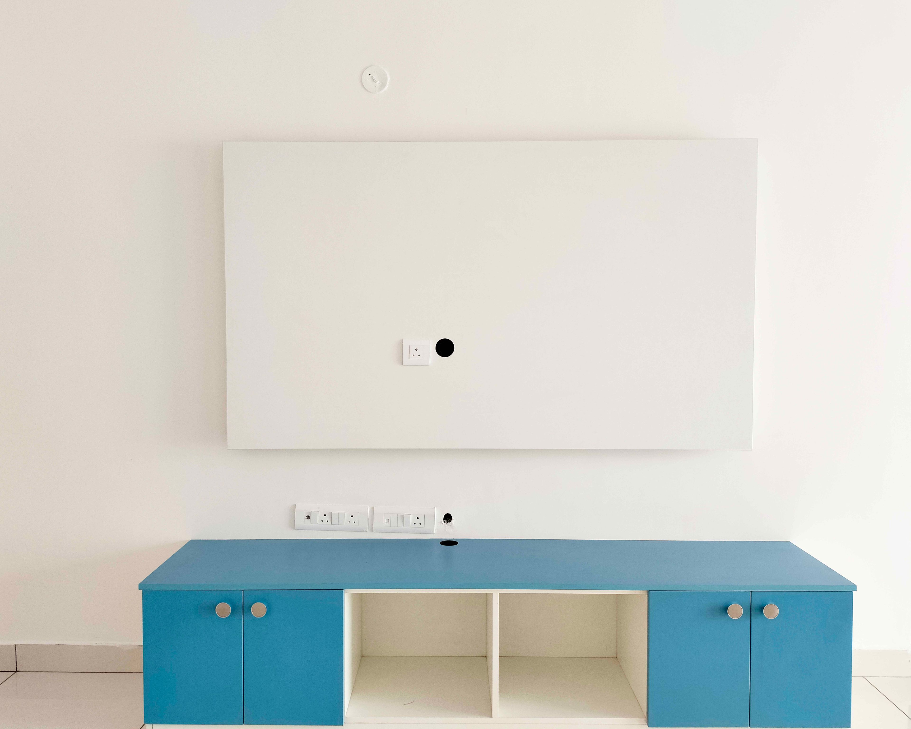 TV Unit Design with White and Blue Drawers