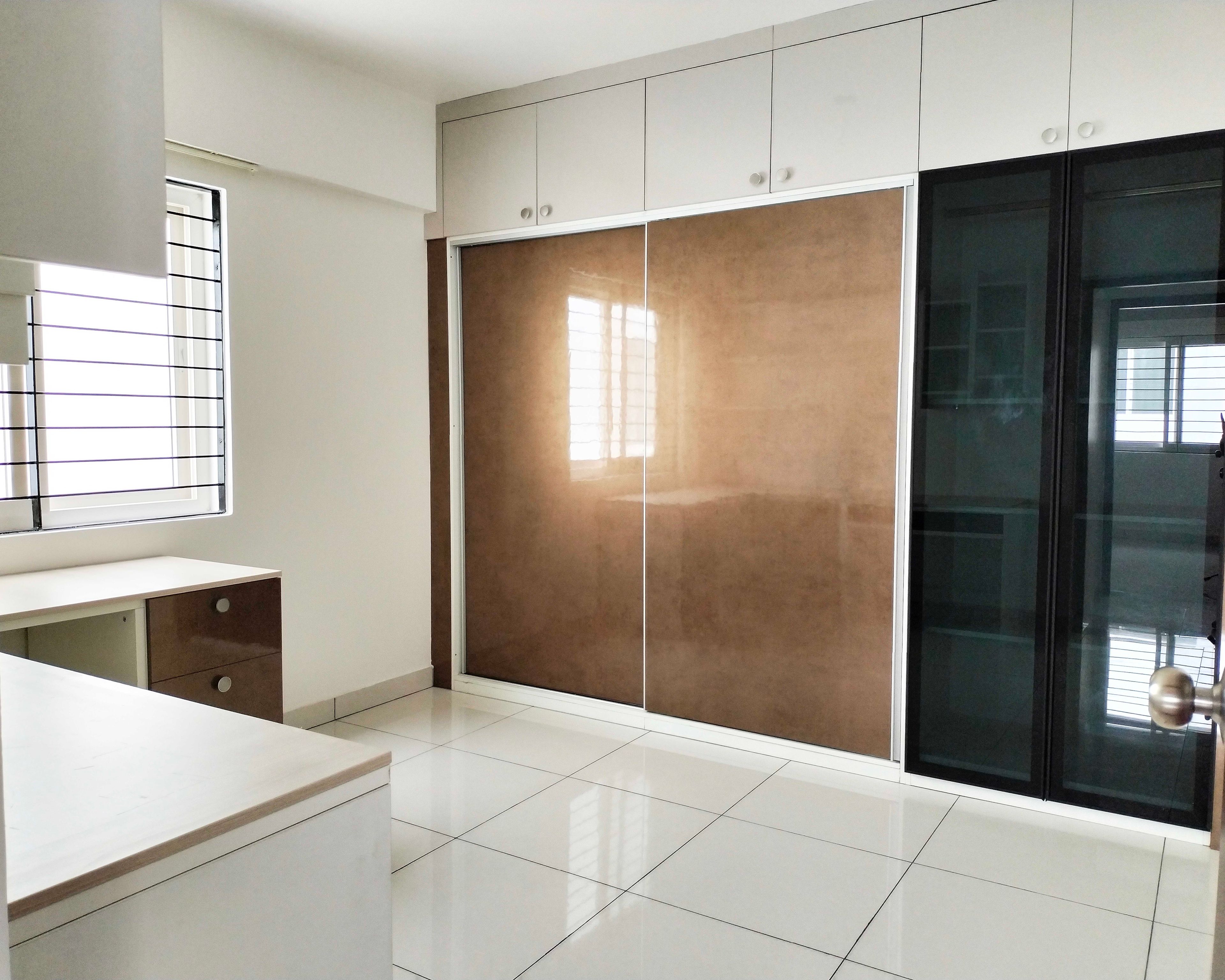 2-Door Brown Glossy Sliding Wardrobe Design with Blackened Glass Swing Wardrobe