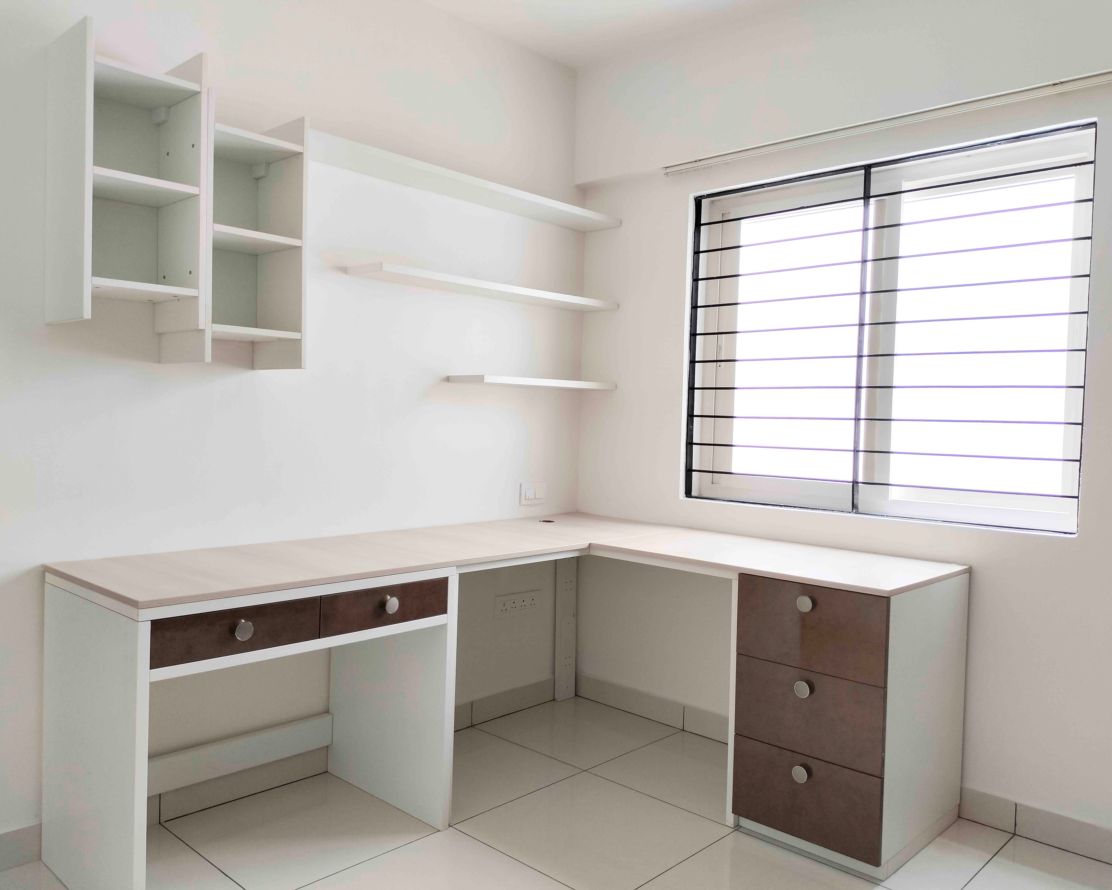 Study Space with white Wall Mounted Desk and Open and Closes Shelves