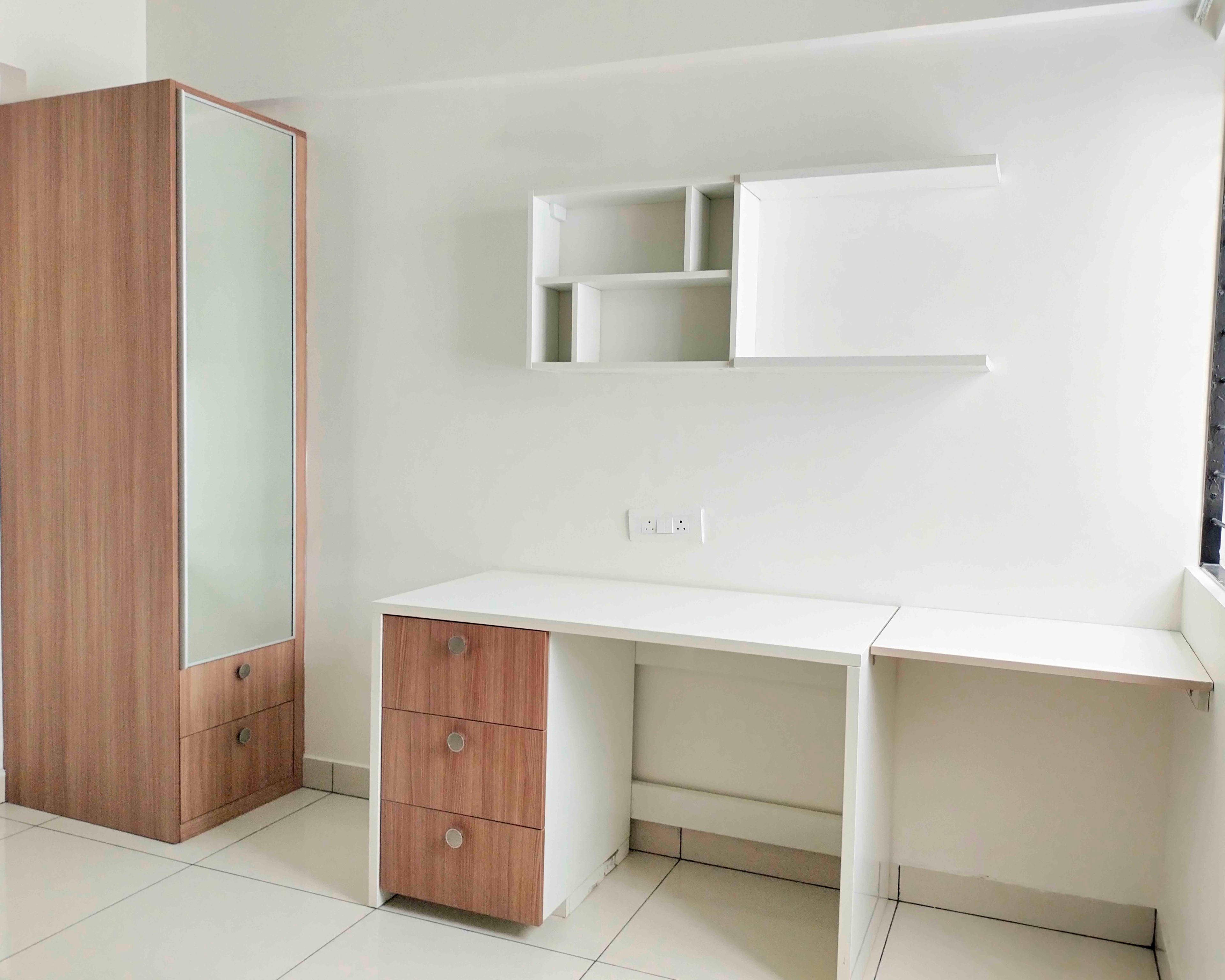Study Space with White Desk, Wall Shelf and Single Door Mirror Integrated Wardrobe