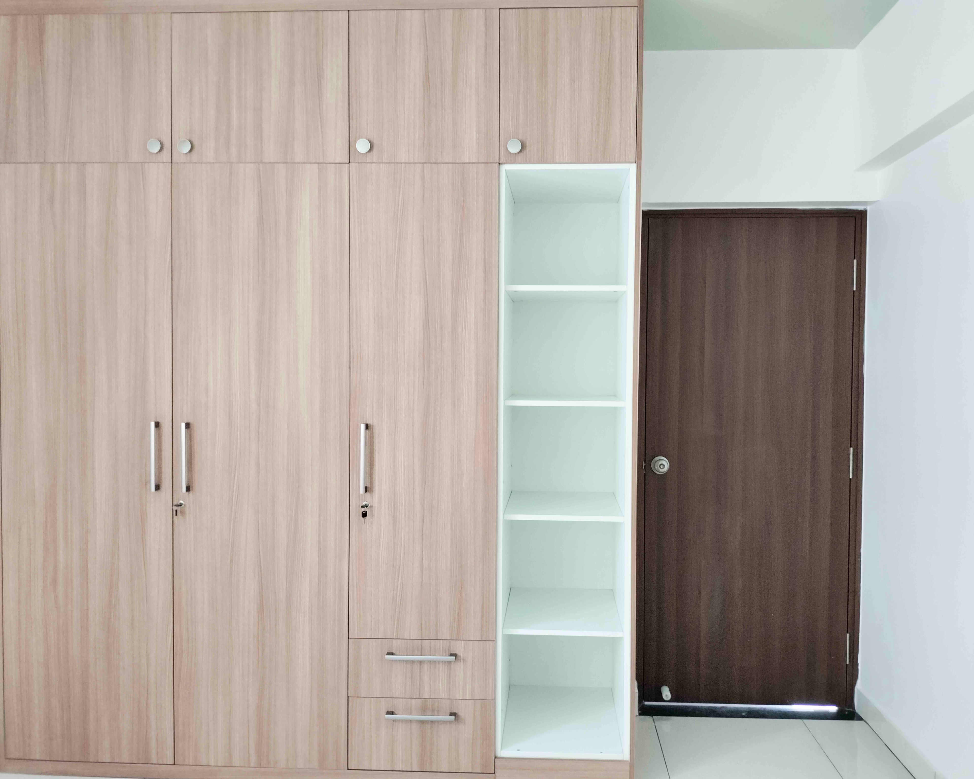 3-Door Natural Wood Swing Wardrobe Design with White Open Tall Unit