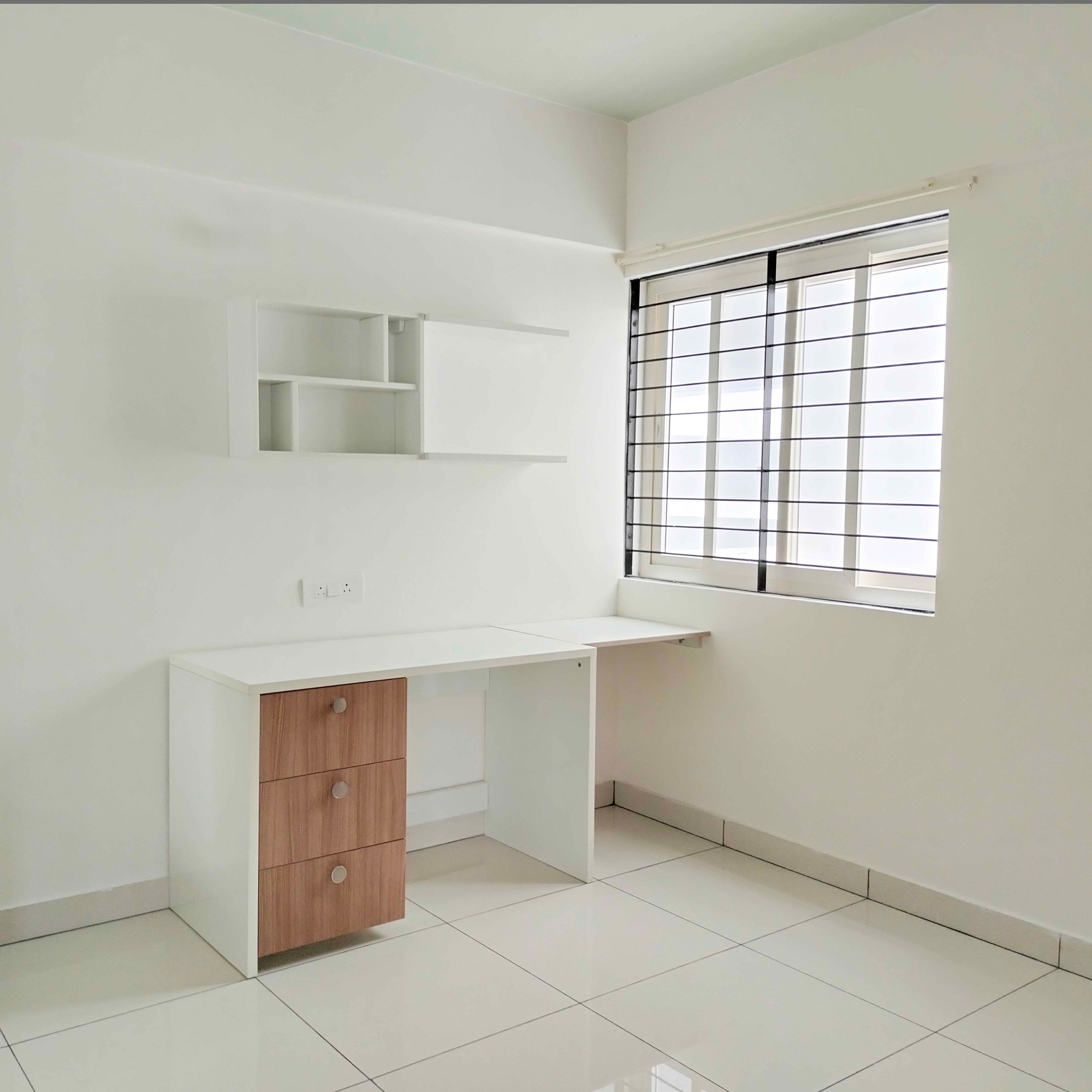 Study Space with White and Wooden Desk and Wall Shelf