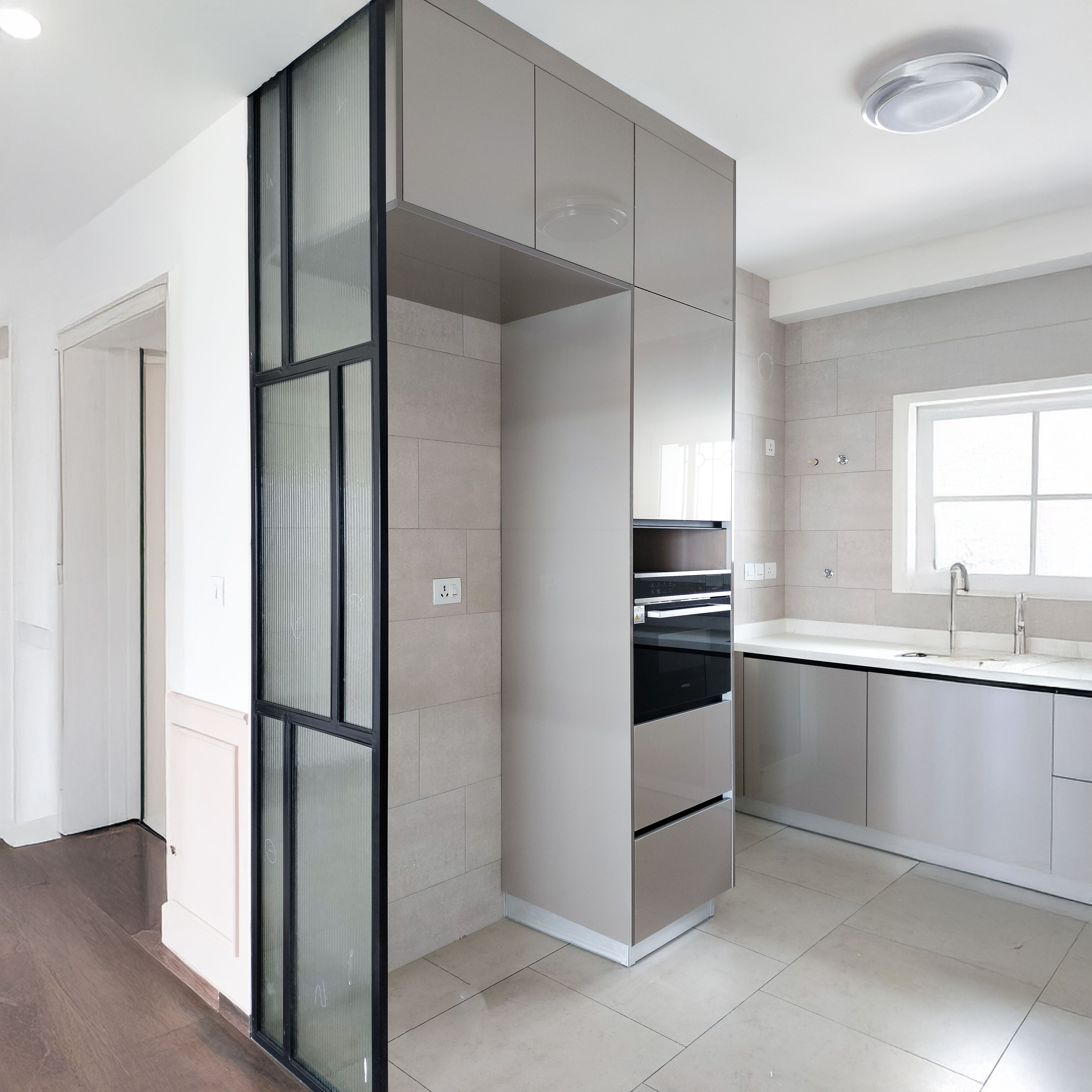 U-Shaped Kitchen Design with Grey Tall Appliance Unit