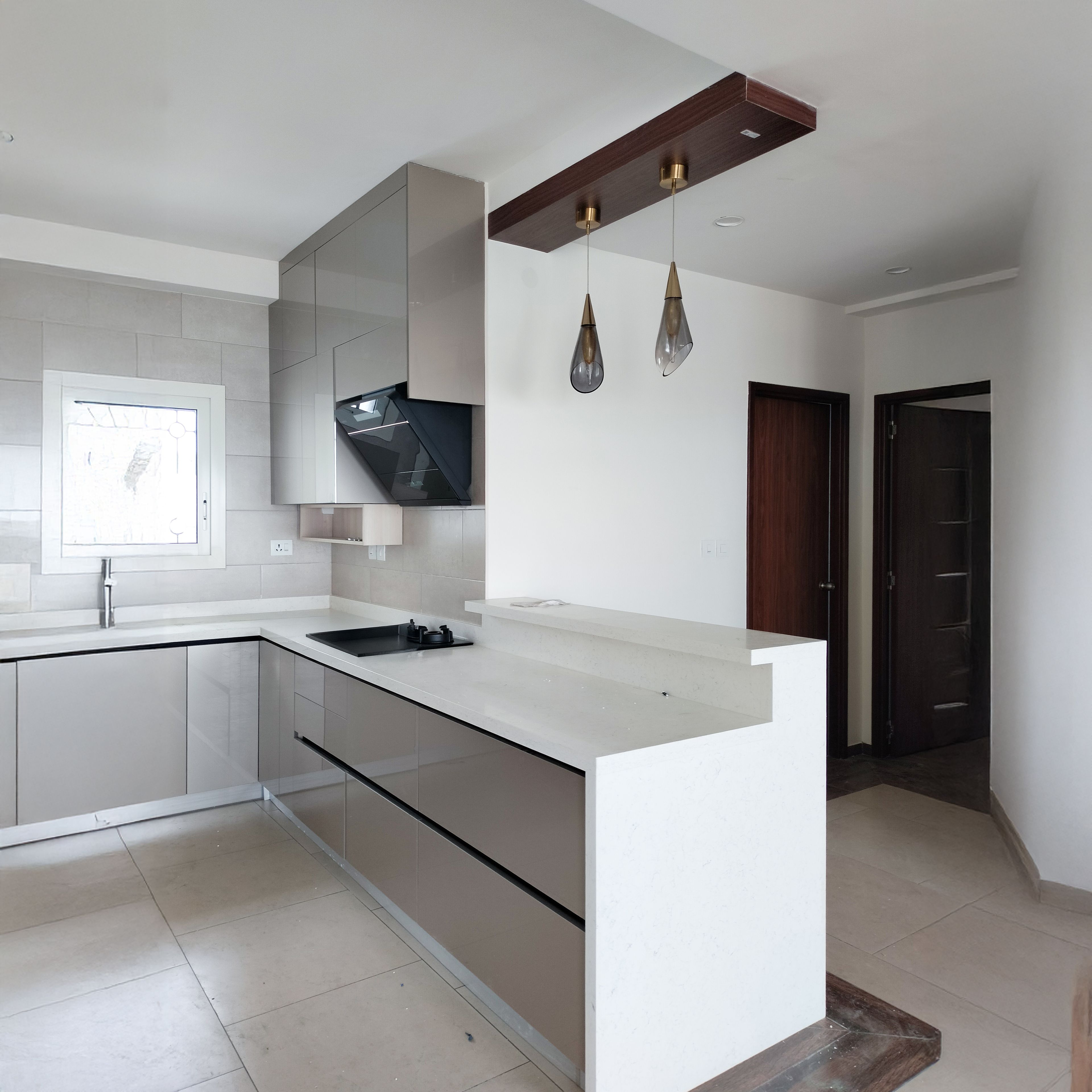 U-Shaped Kitchen Design with Grey Units and White Quartz Countertop