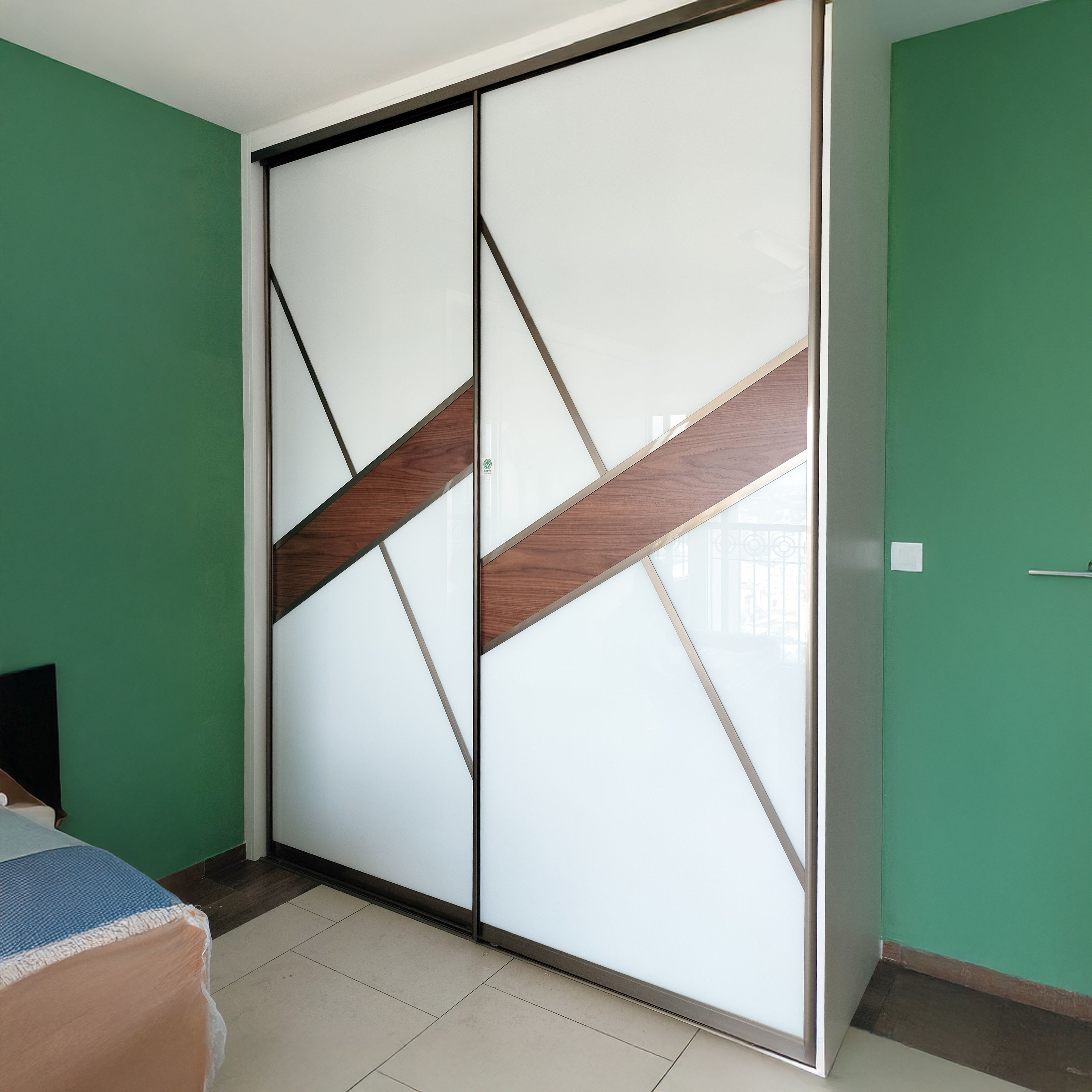 2-Door White and Wooden Geometric Pattern Sliding Wardrobe Design