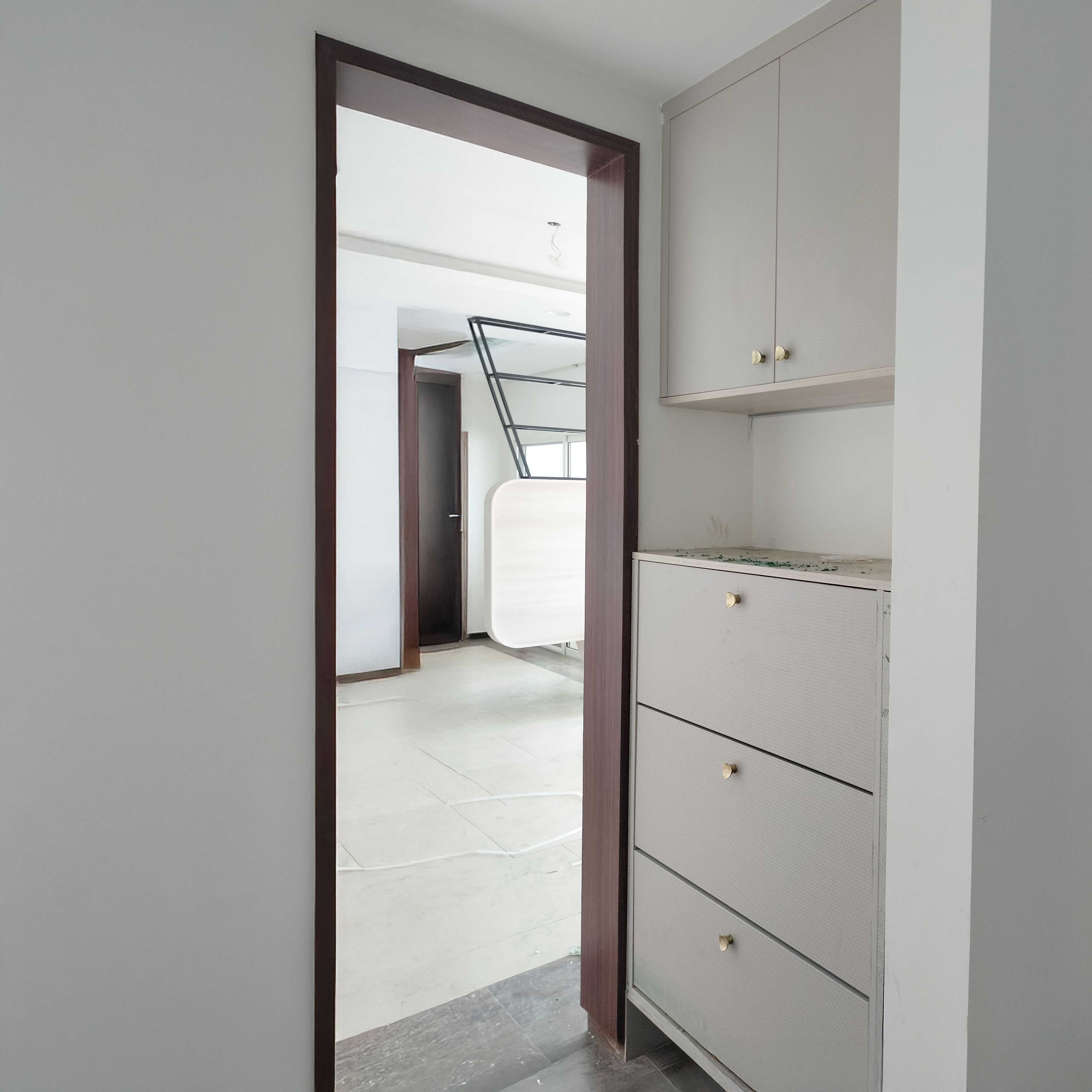 Beige Storage Unit with Drawers and Wall Unit