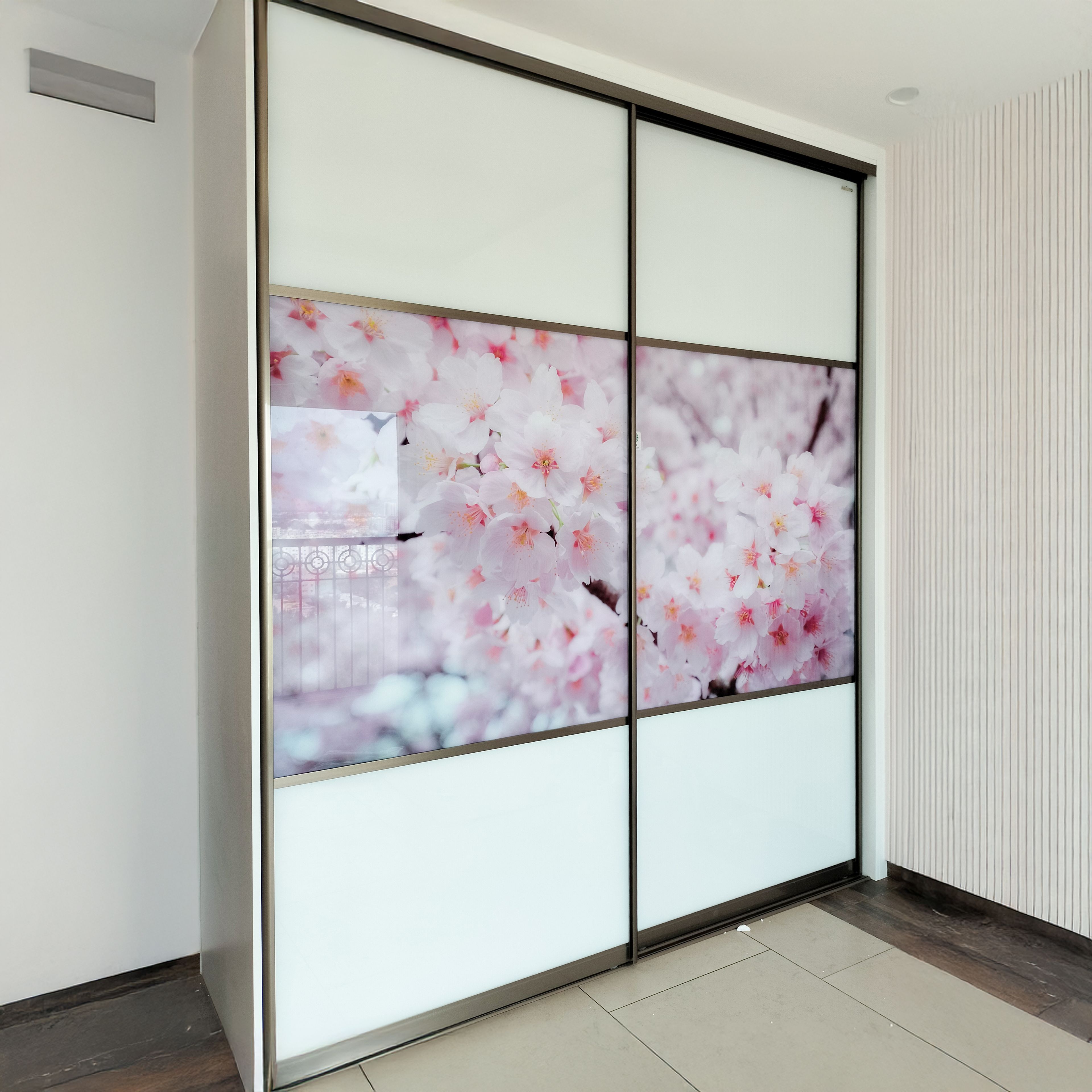 2-Door White Sliding Wardrobe Design with Floral Design Shutters
