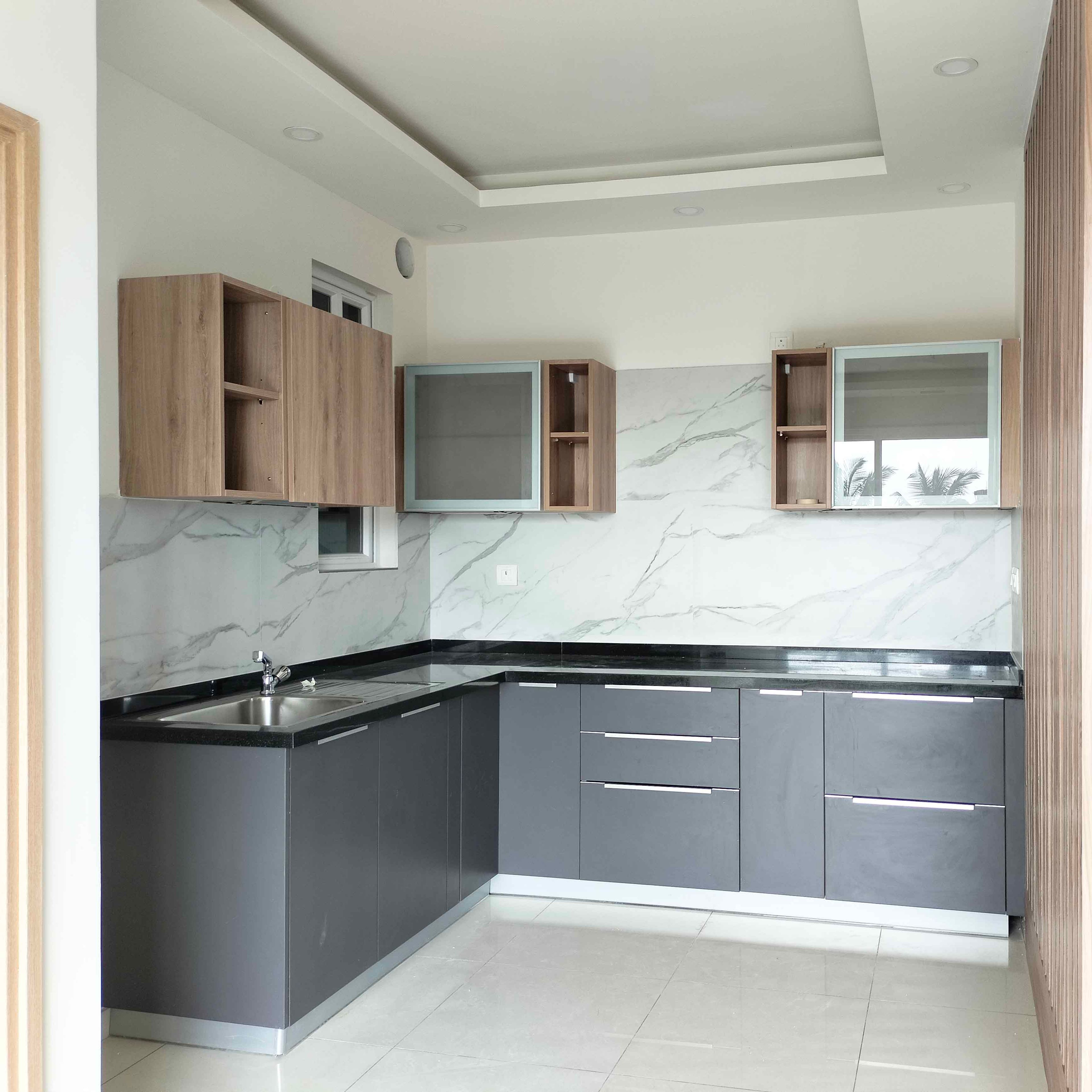 L-Shaped Kitchen Design with Grey and Natural Wood Units