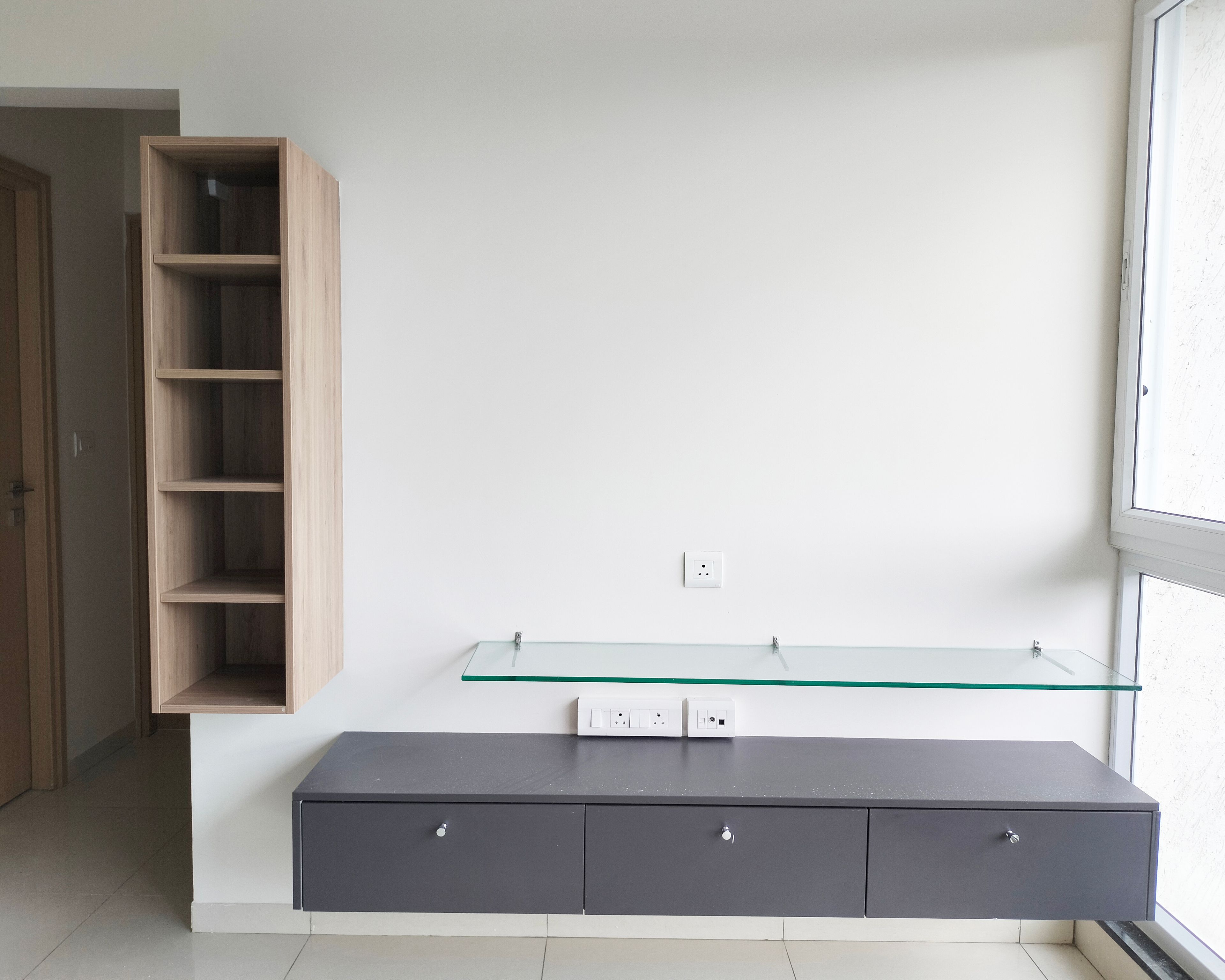 TV Unit with Grey Drawers, Glass Shelf and Wooden Wall Mounted Unit