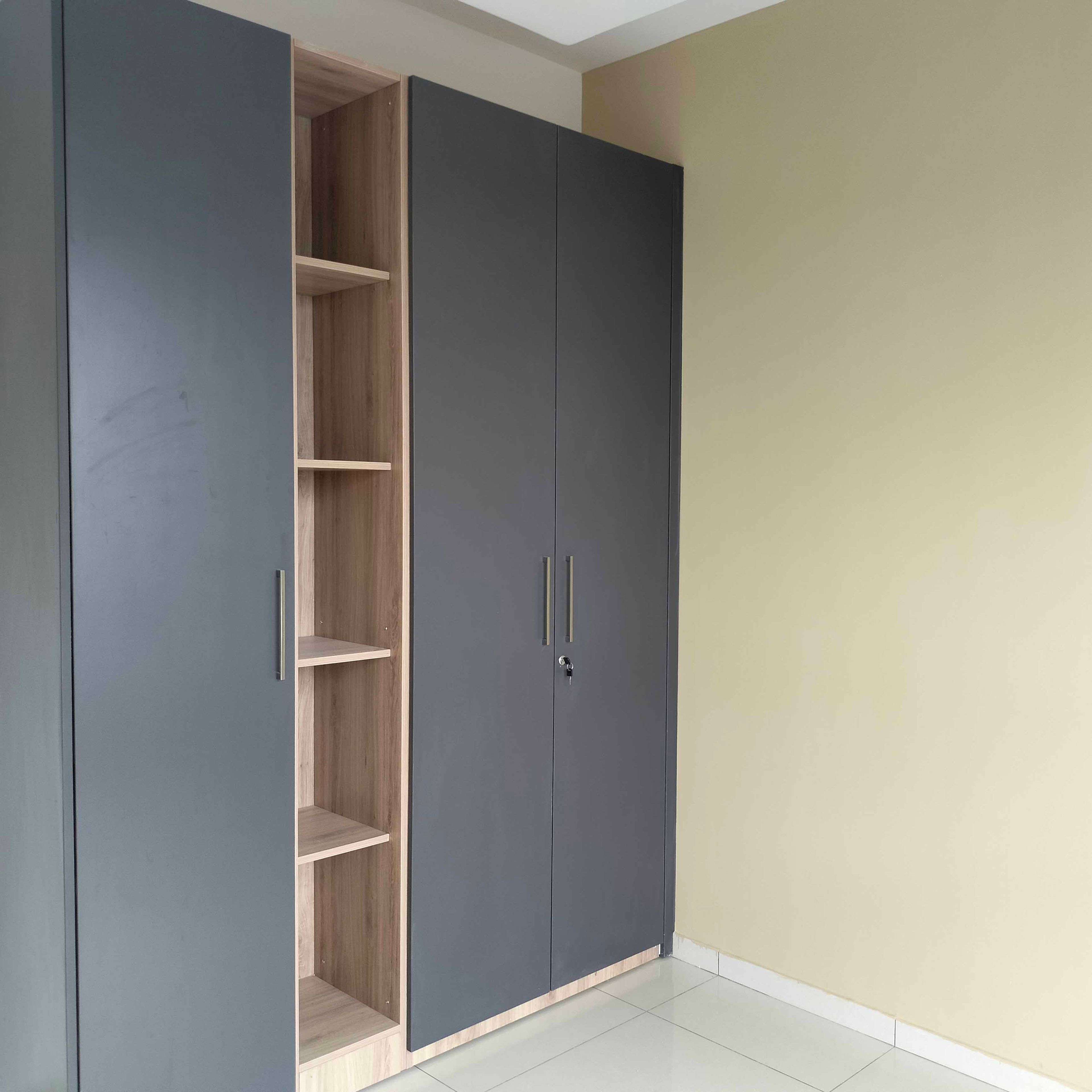 Navy Blue 3-Door Swing Wardrobe Design with Wooden Open Tall Unit