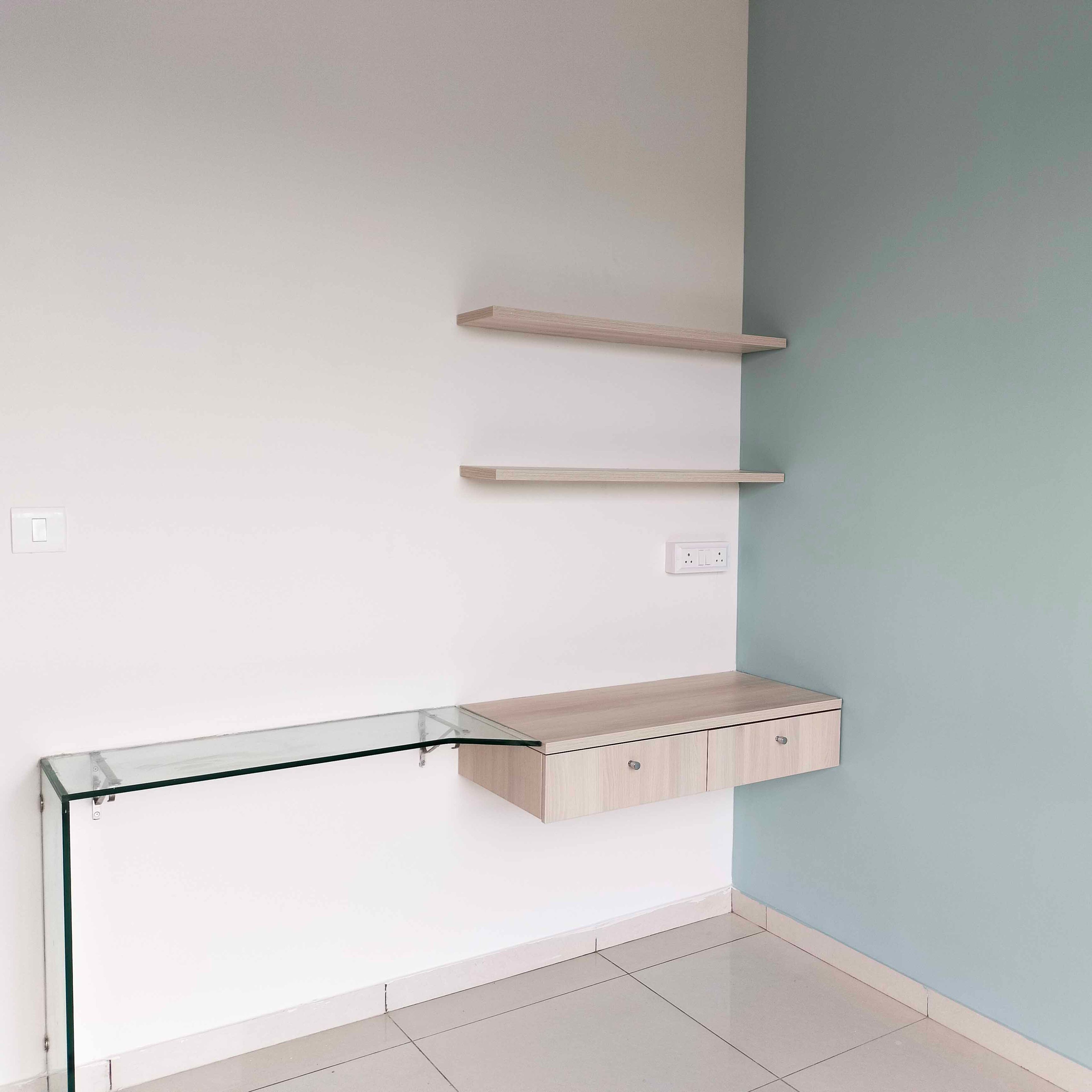 Study Space with Wall Mounted Wood and Glass Desk and Wooden Shelves