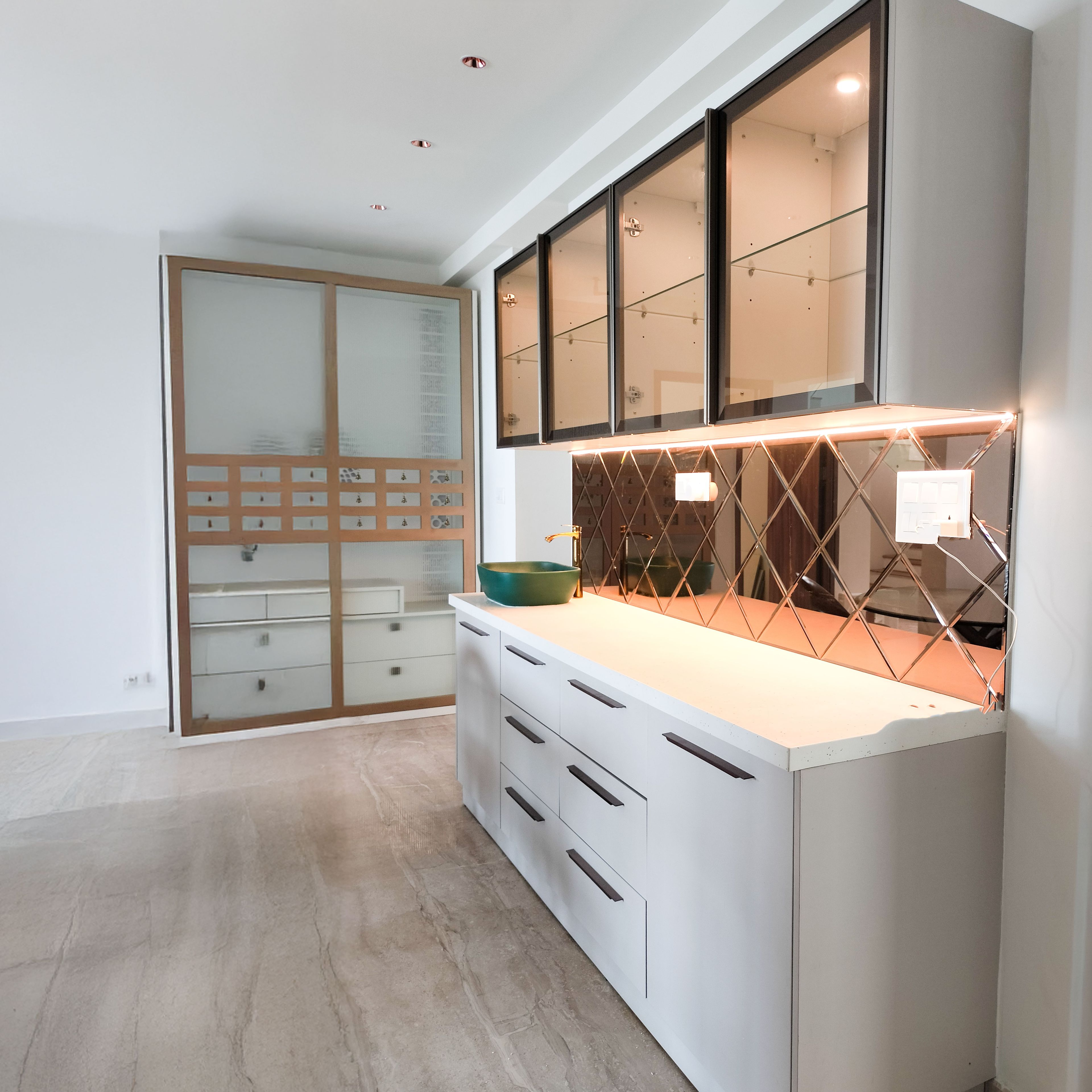 Crockery Unit Design with White Cabinets and Glass Shutter Wall Units