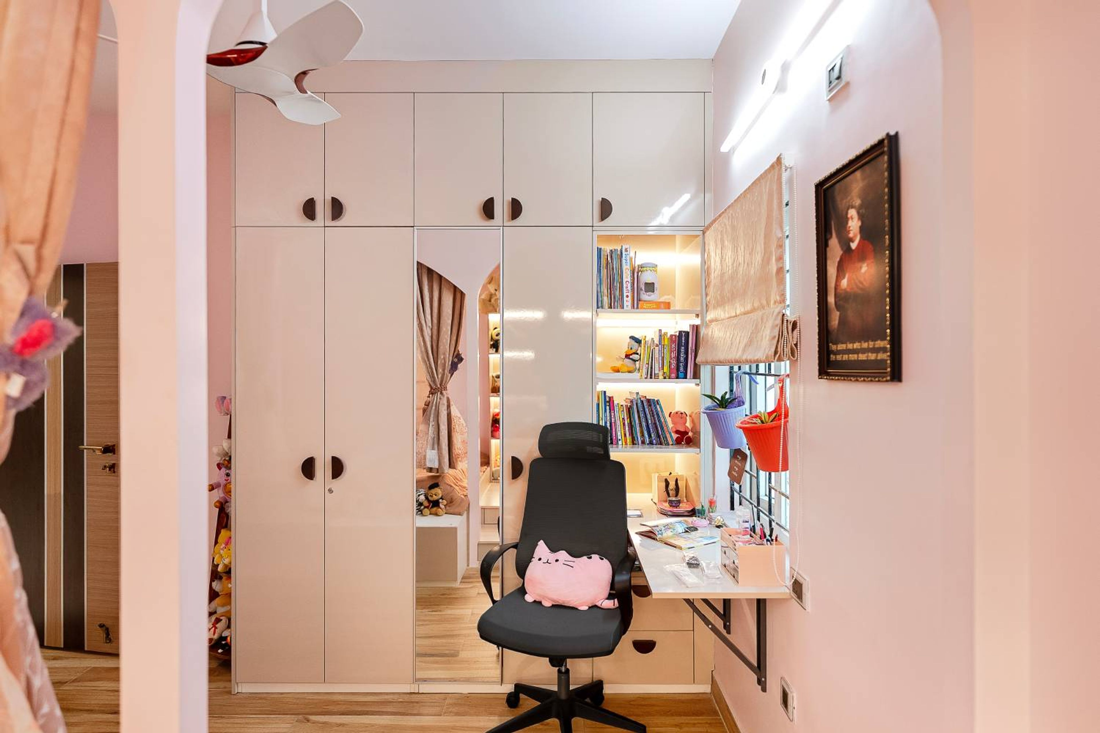 Kids Bedroom Design with 4-Door White Swing Wardrobe iwth Integrated Mirror and Open Storage Unit