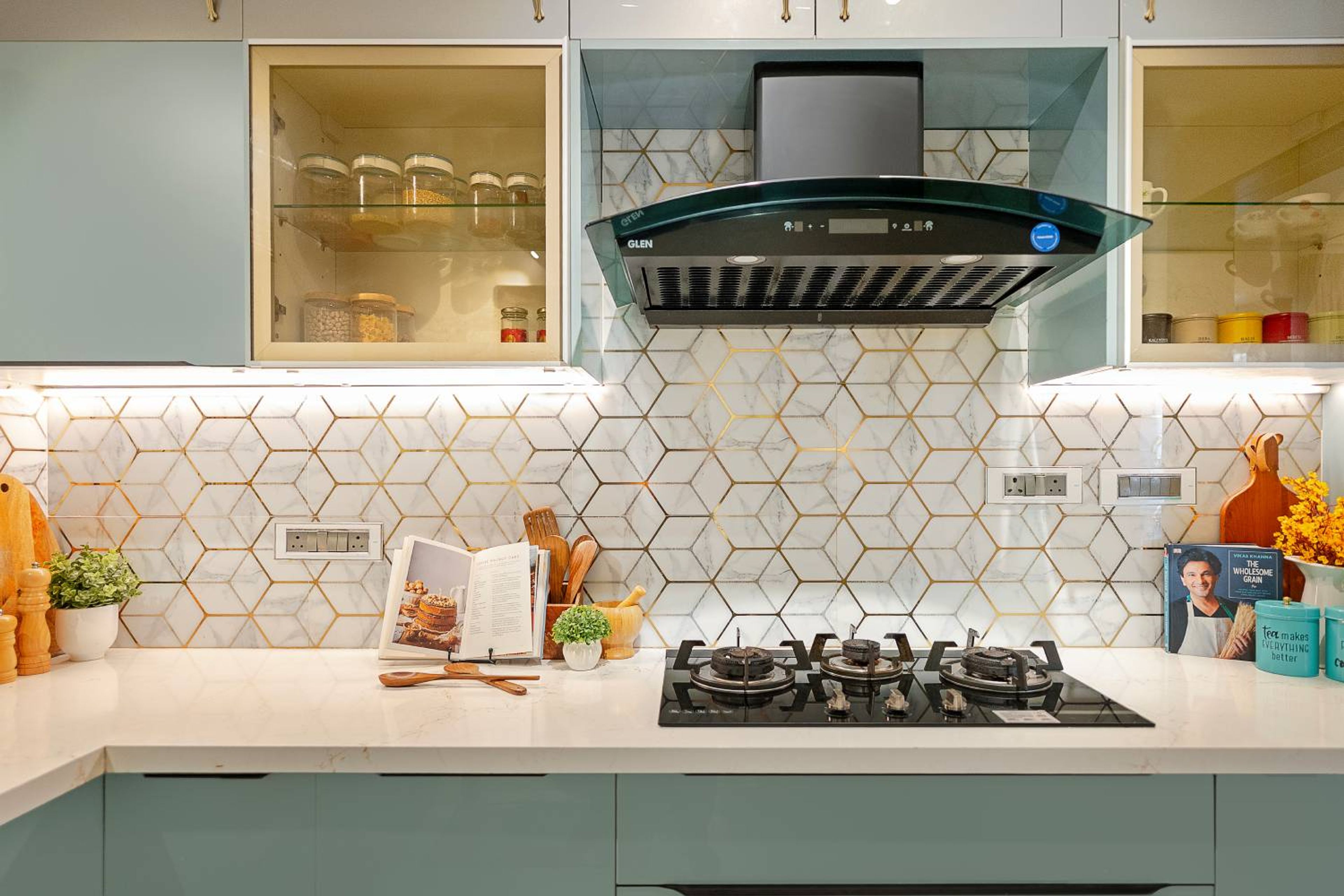 Square Ceramic Tile Design in Grey and Gold Hexagon Pattern and Matte Finish