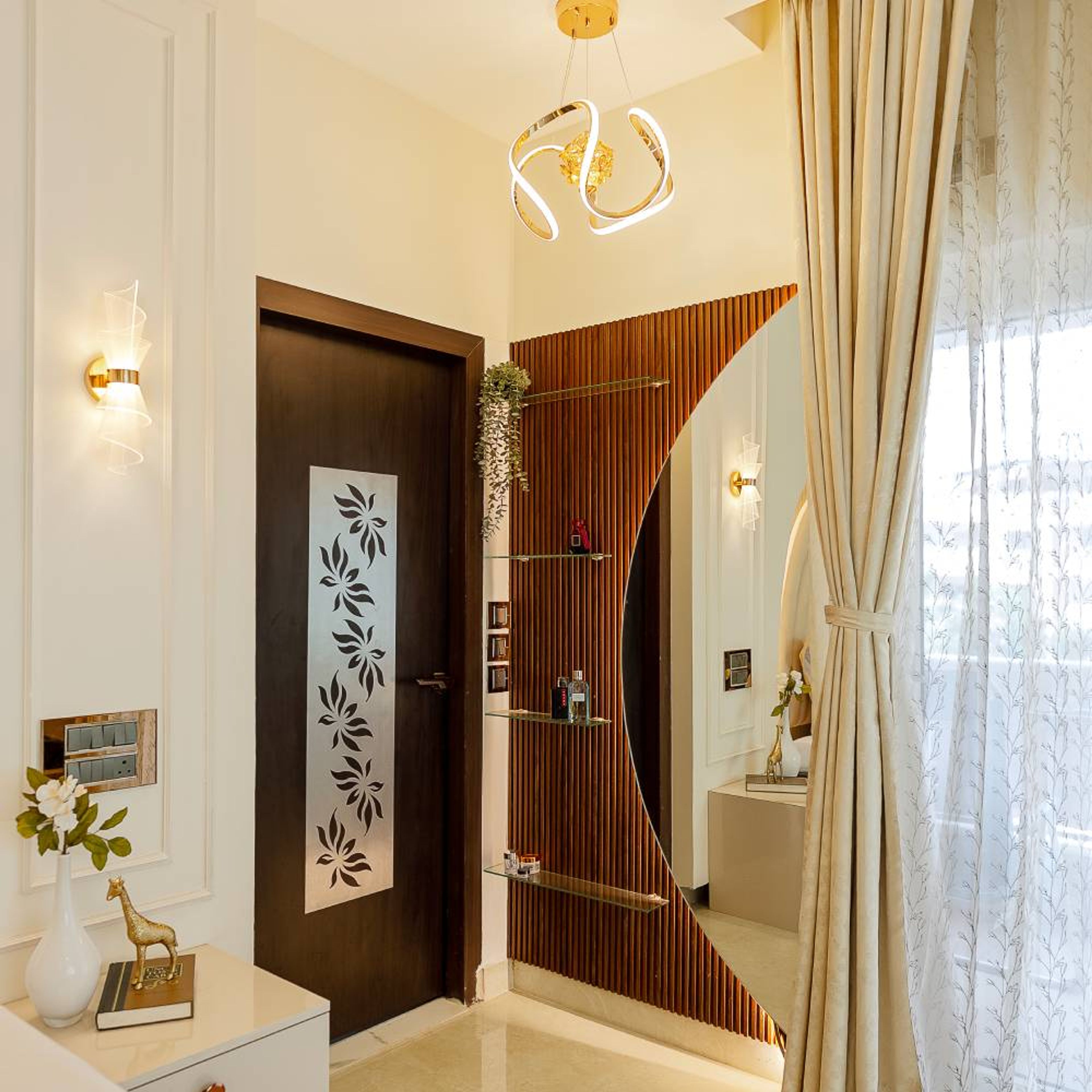 Dresser with Crescent Moon and Brown Louvers Wall and Chandelier