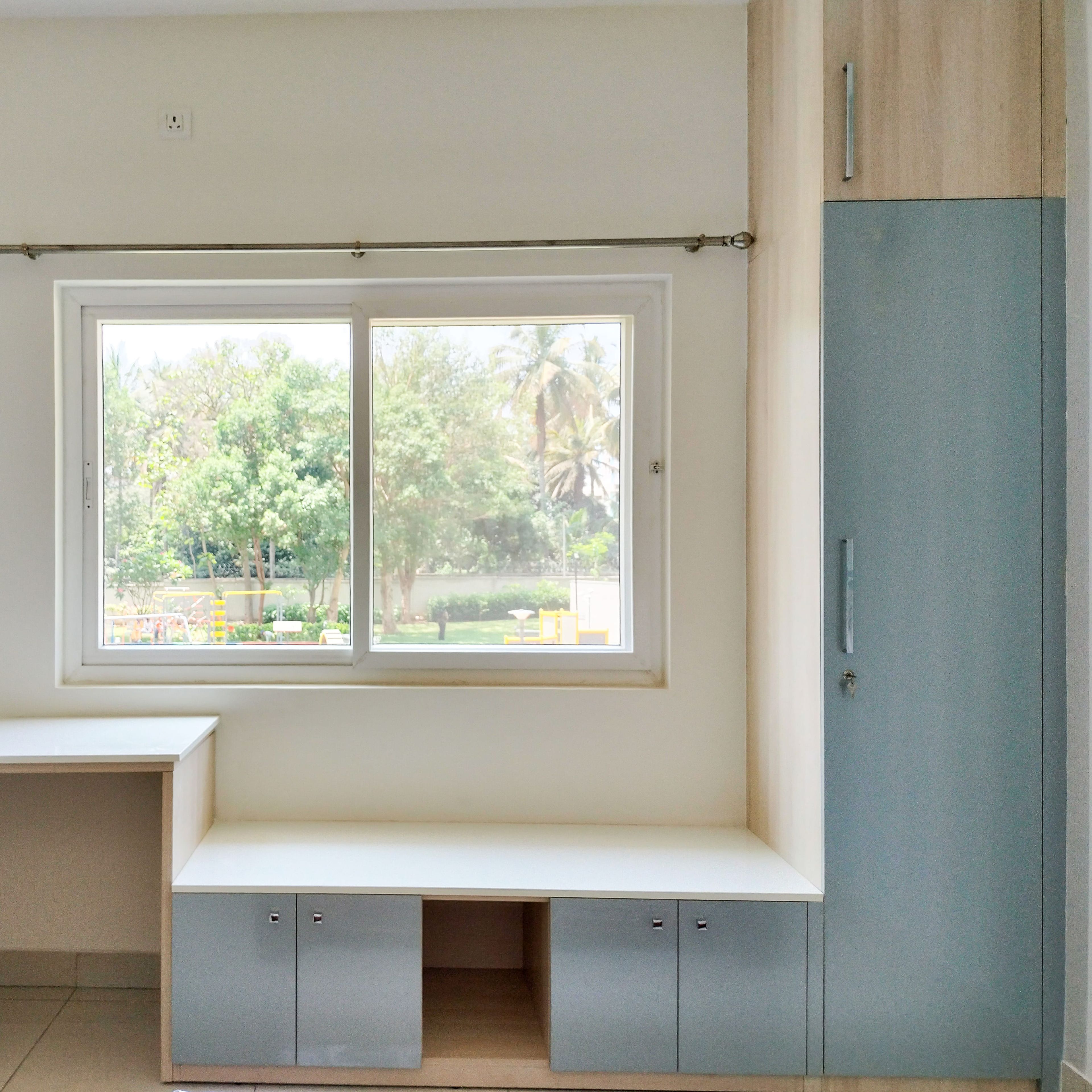Single Door Blue Swing Wardrobe with Storage Seating Bench
