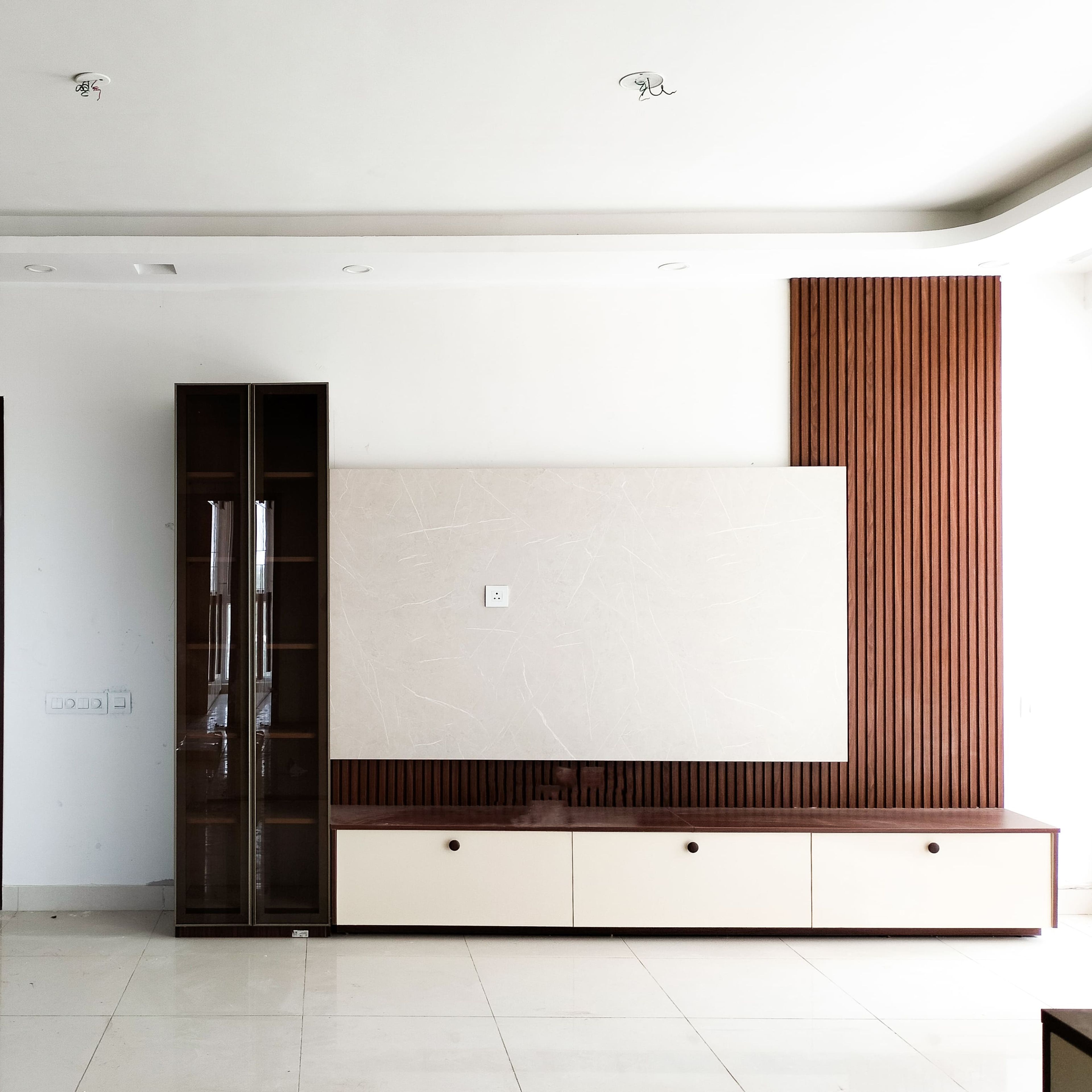 TV Unit Design with Wooden Wall Slats and Wall Mounted Tall Unit