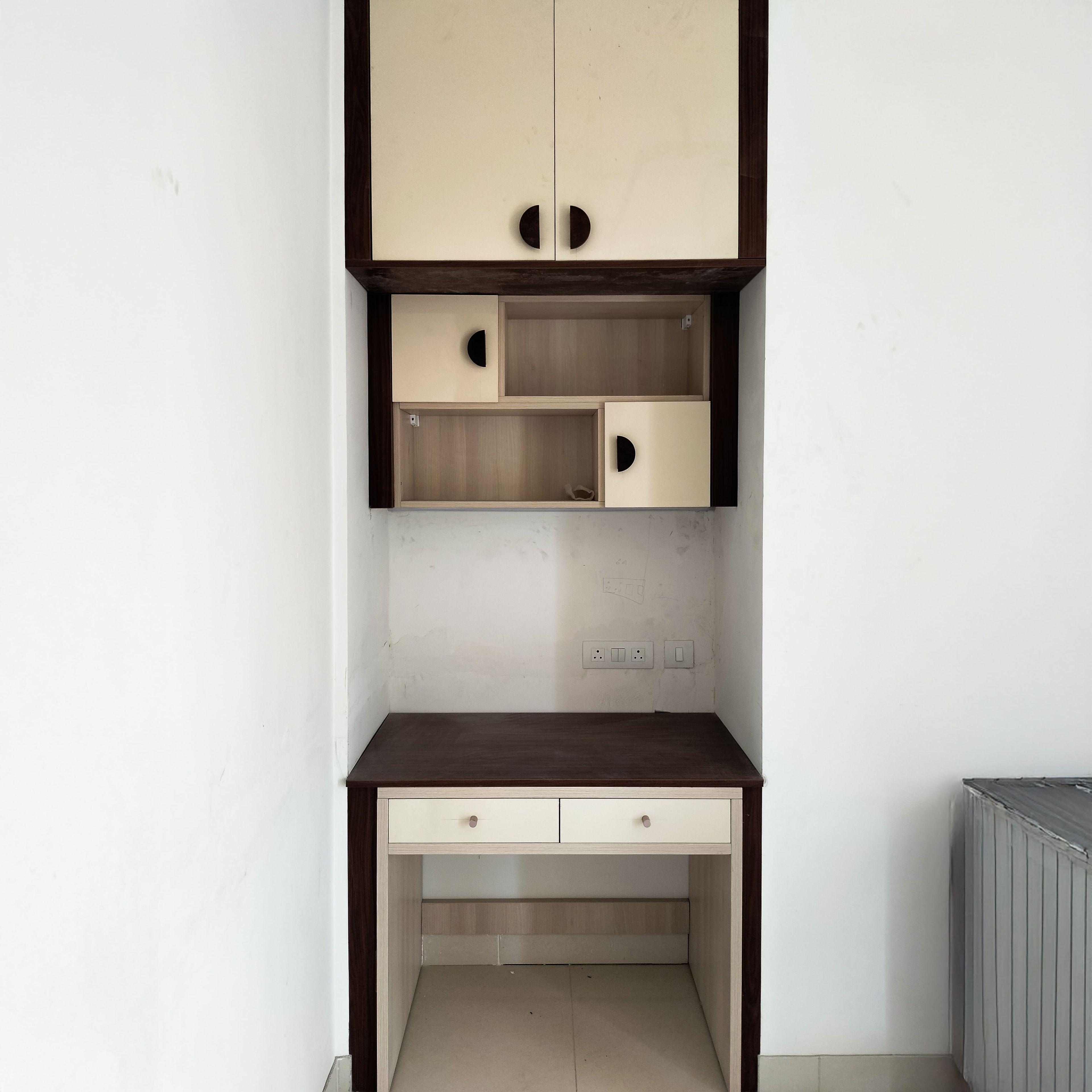 Wooden and Beige Study Space with Wall Mounted Open and Closed Shelves