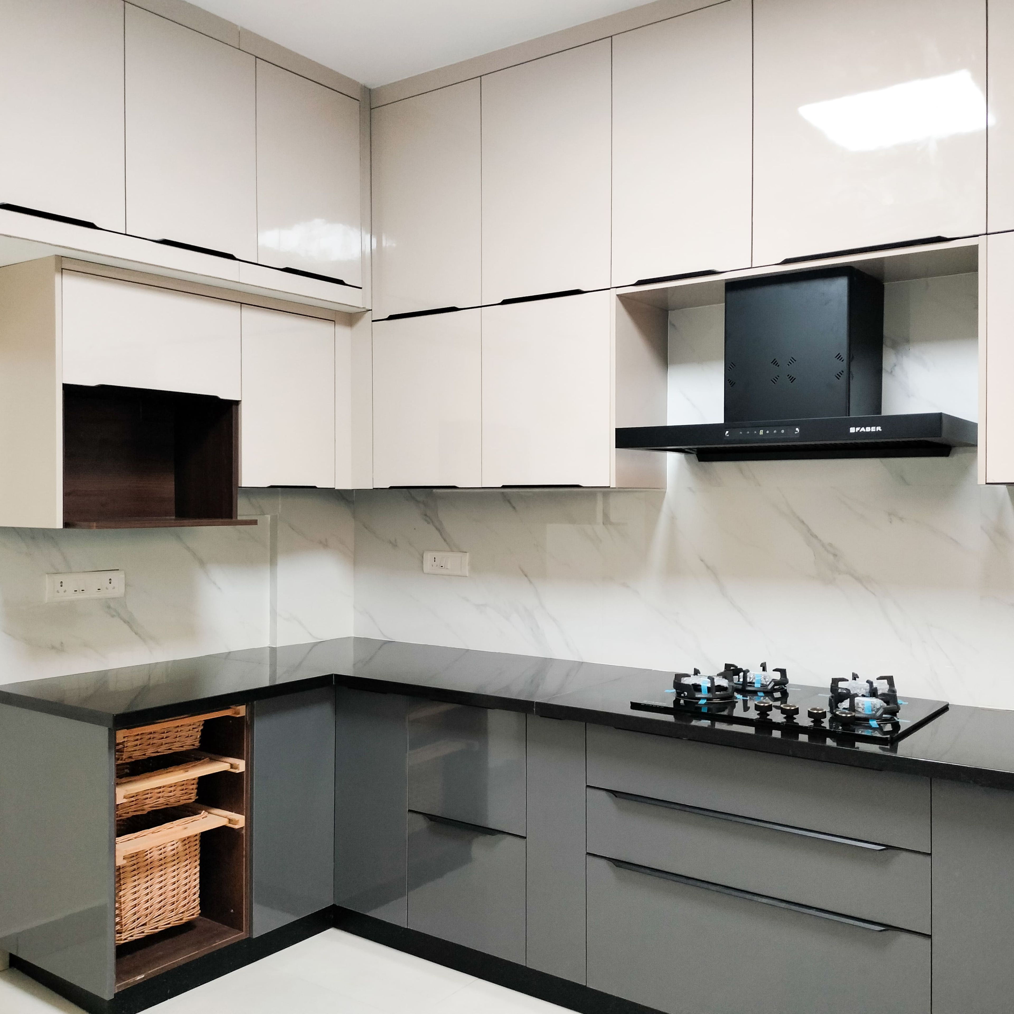 U-Shaped Modular Kitchen Design with Beige and Grey Cabinets and Marble Backsplash