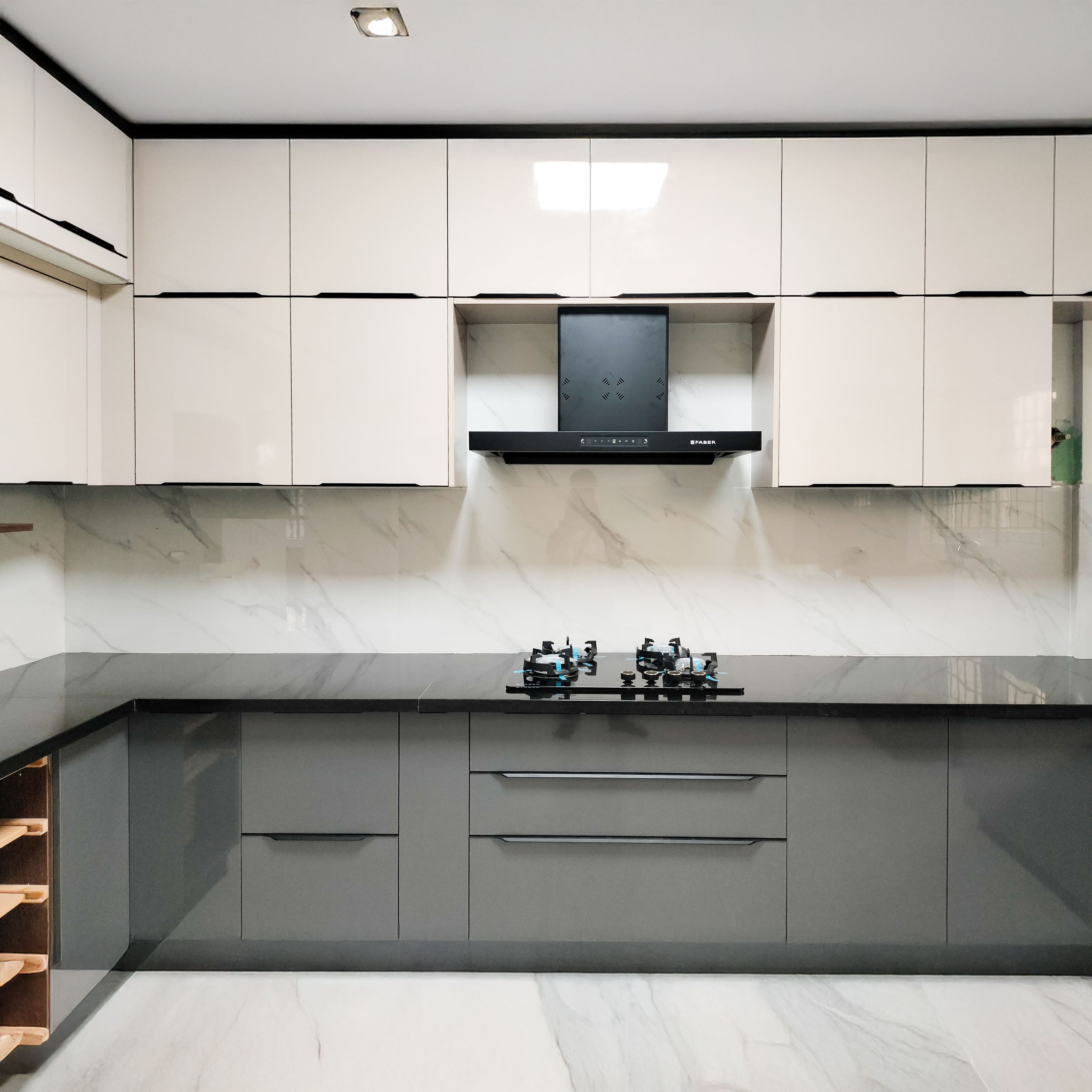 U-Shaped Modular Kitchen Design with Beige and Grey Cabinets and Marble Backsplash