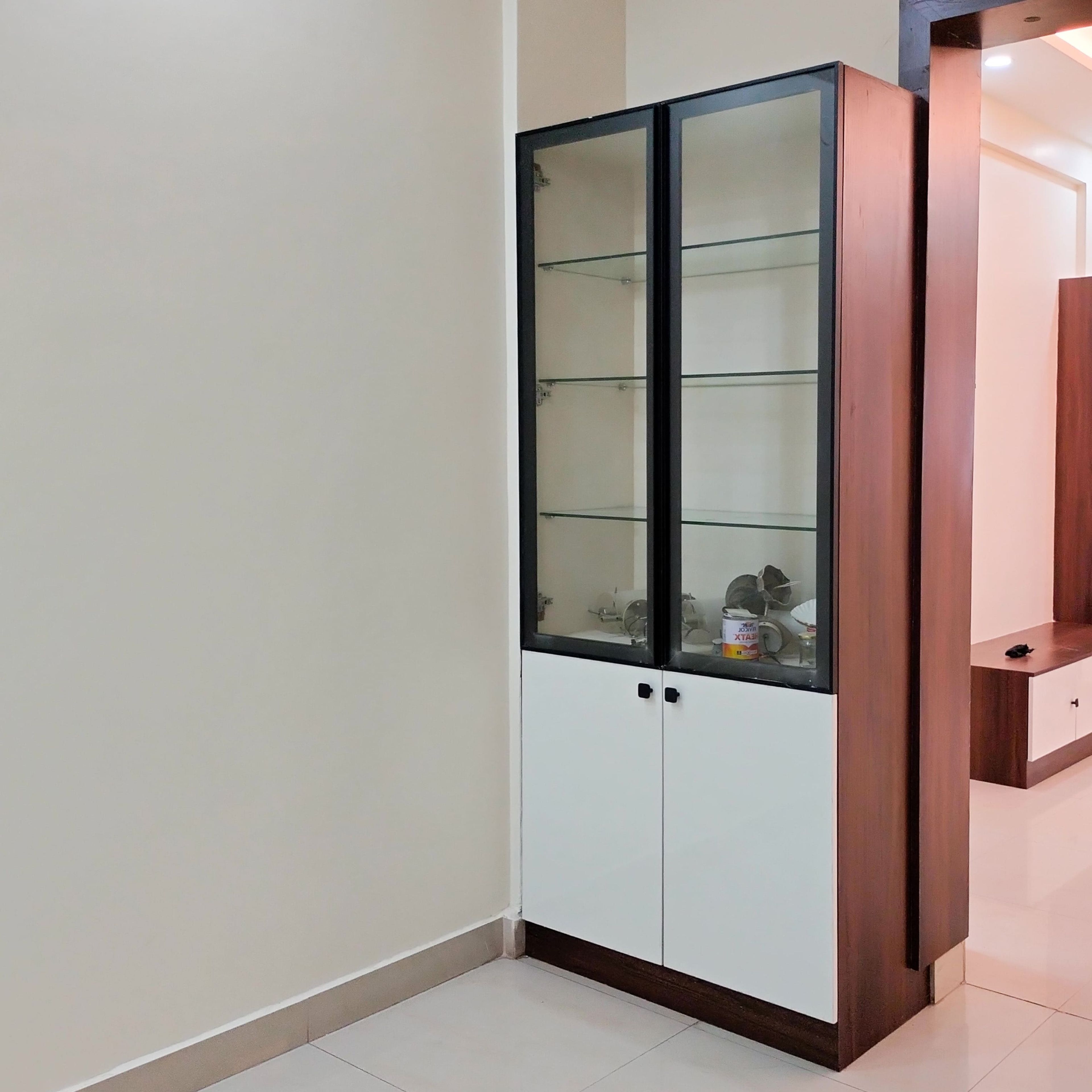Crockery Unit Design with White Wooden Glass Shutter Tall Unit