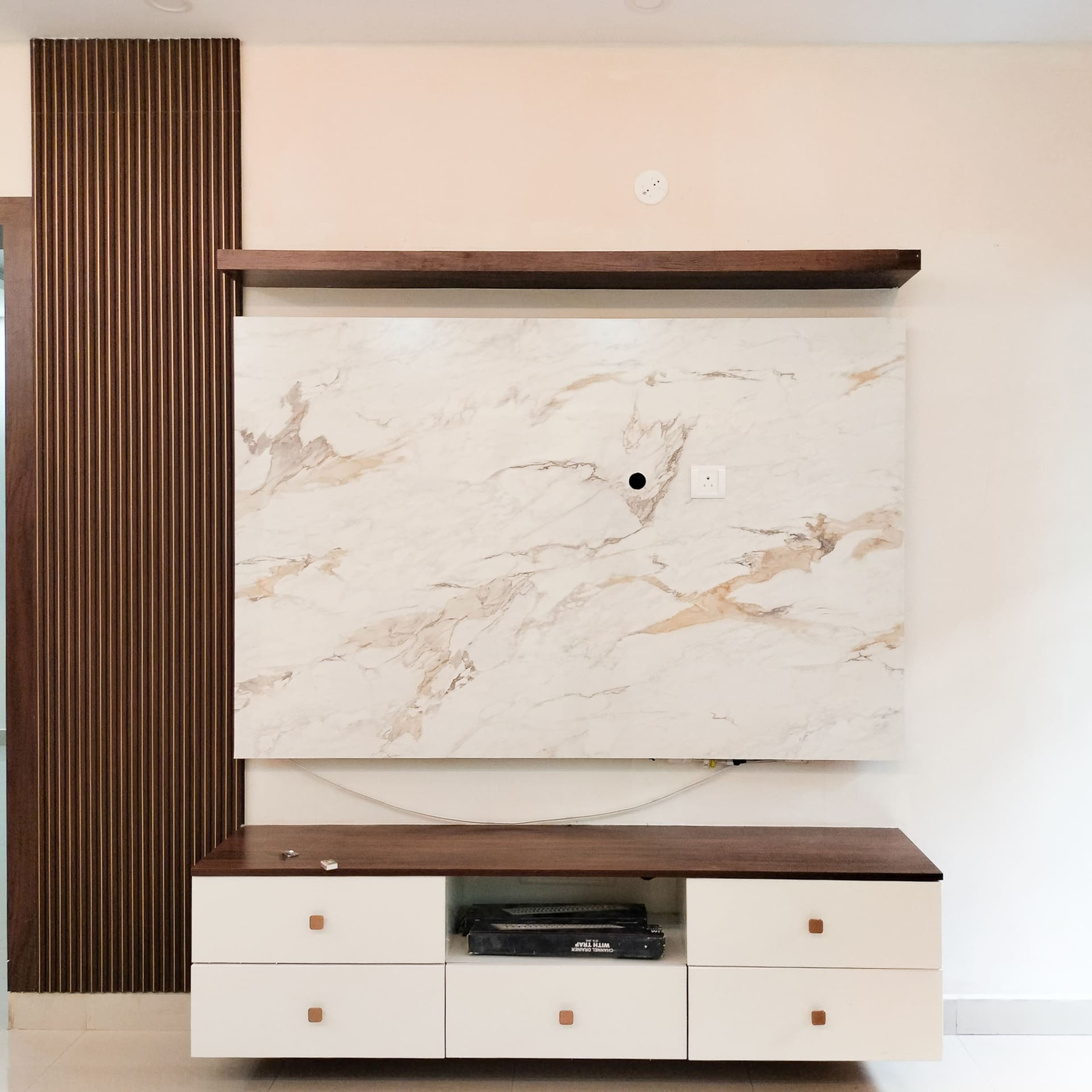 TV Unit Design with Marble Backsplash Wall