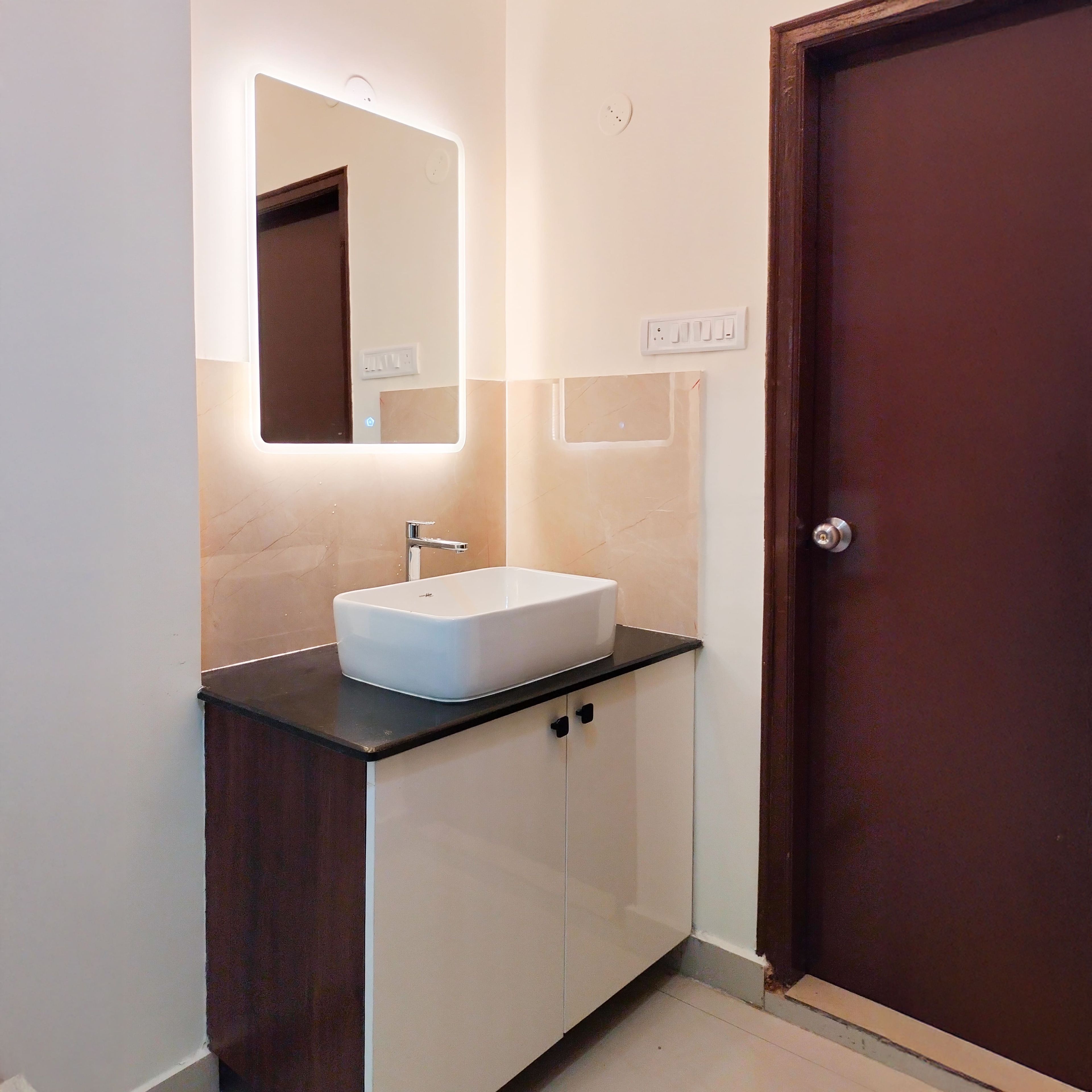 Vanity with mirror and cabinet storage