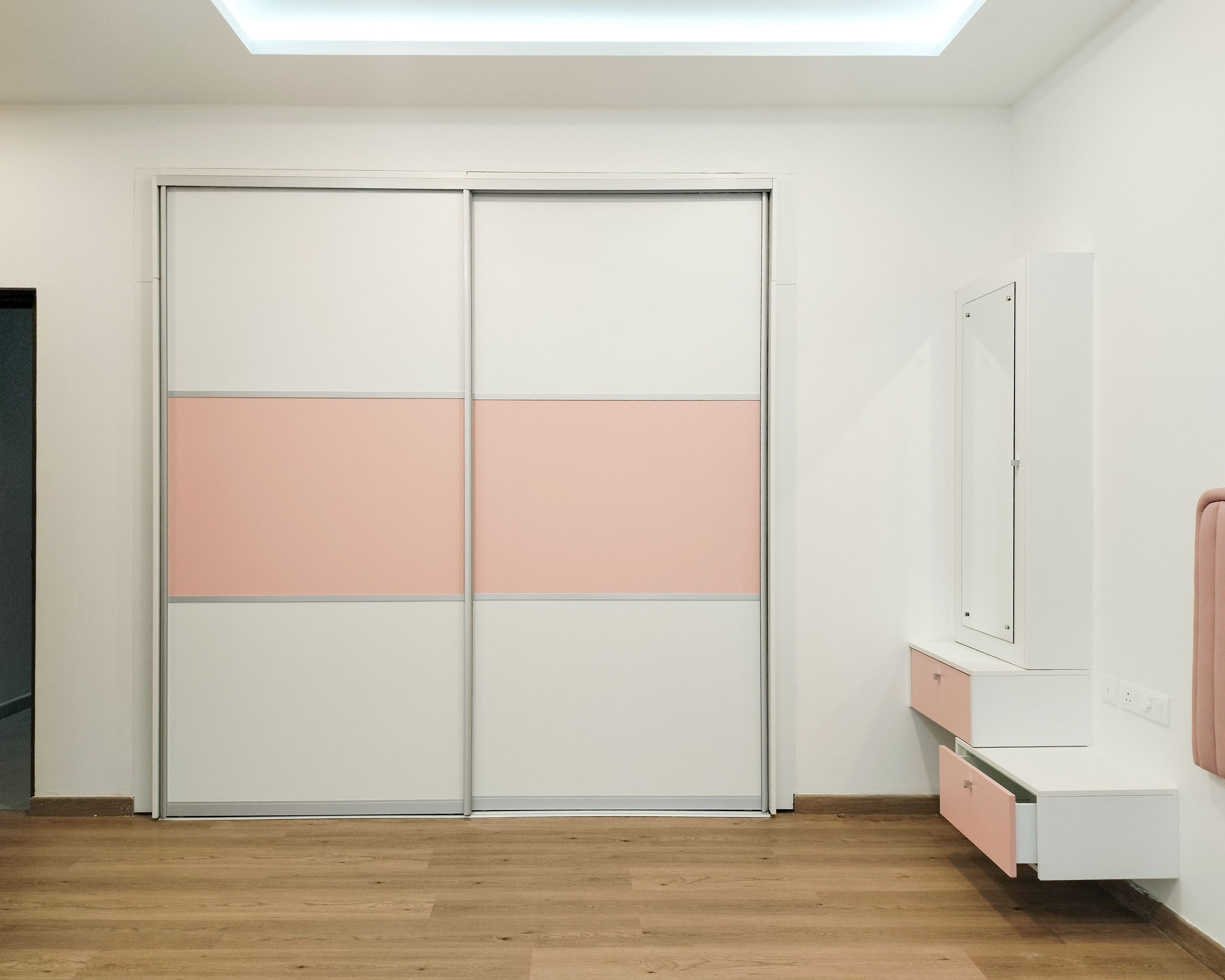 2-Door White and Peach Sliding Wardrobe Design and Mirror Storage Dressing Unit