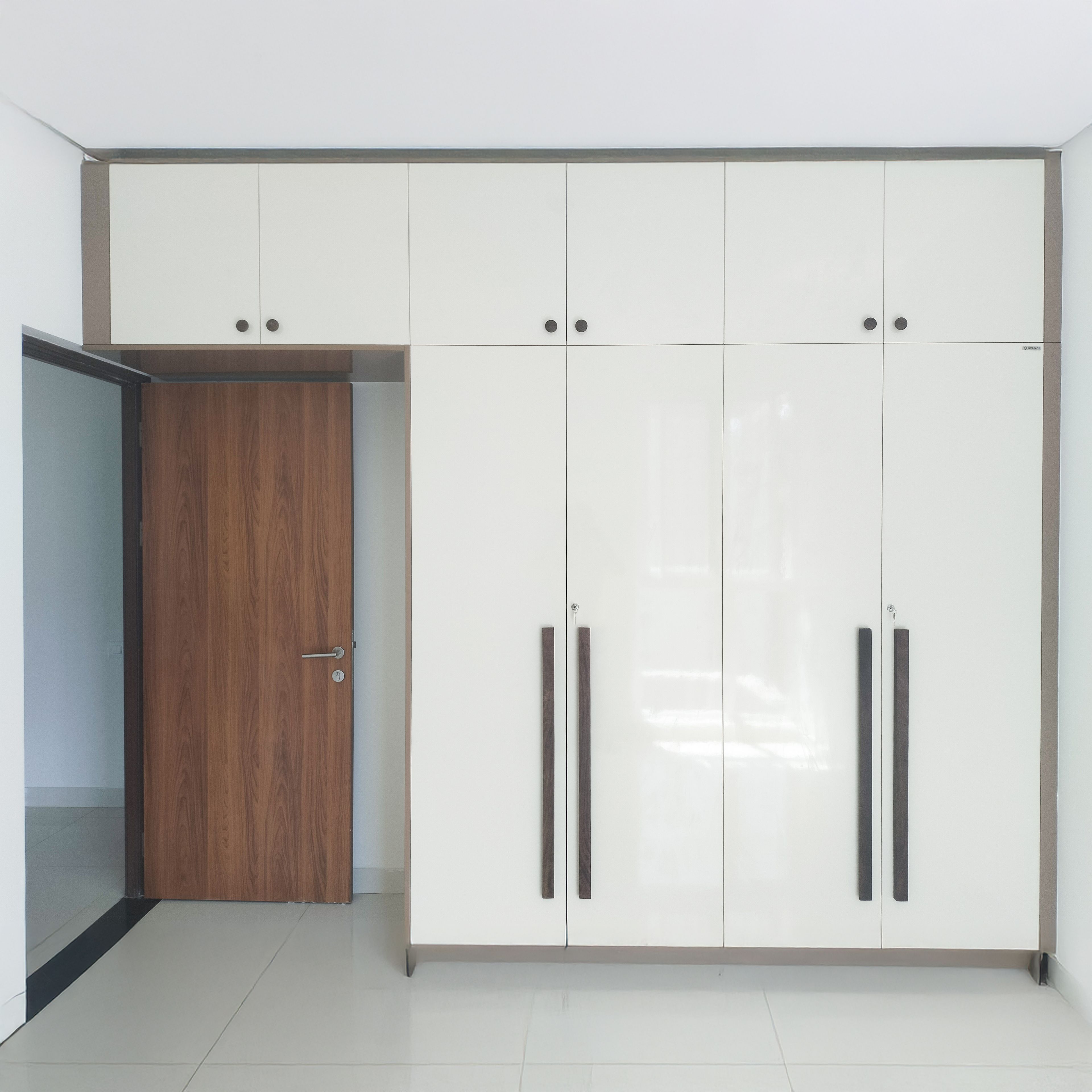 4-Door Glossy Cream Swing Wardrobe Design with Loft Unit