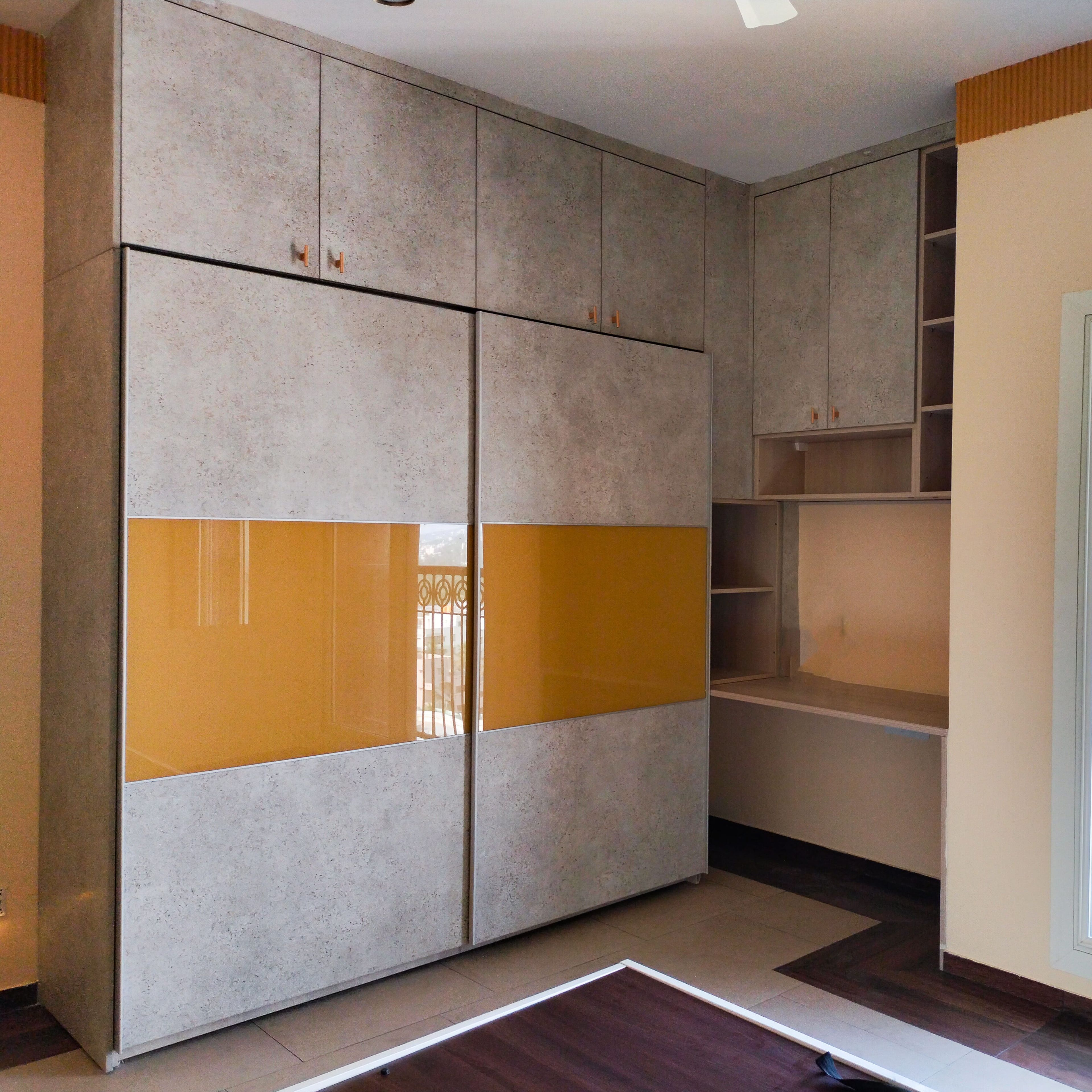2-door yellow and grey textured sliding wardrobe design