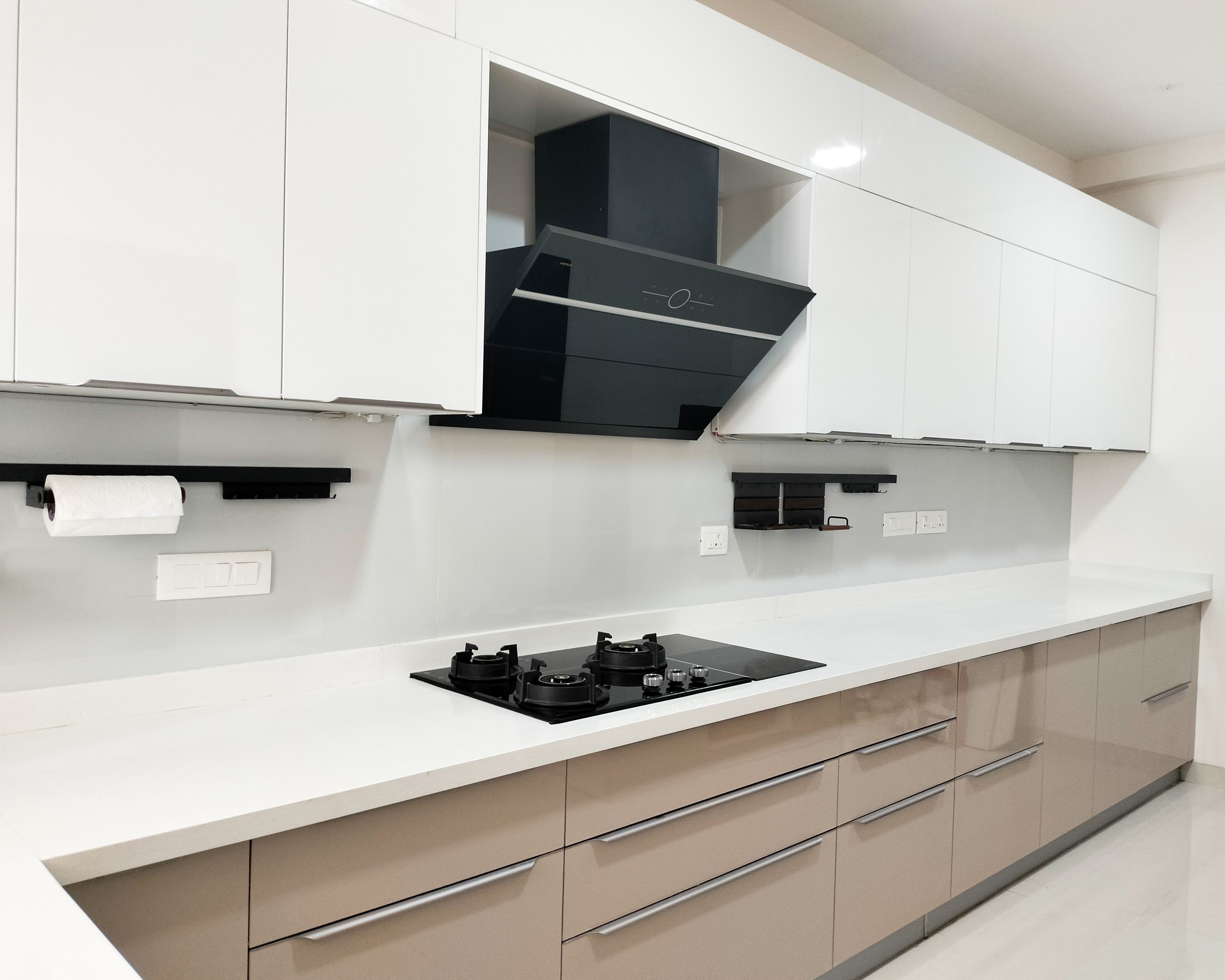 L-Shaped Kitchen Design with White Quartz Countertop, Peach Base Units and White Wall Units