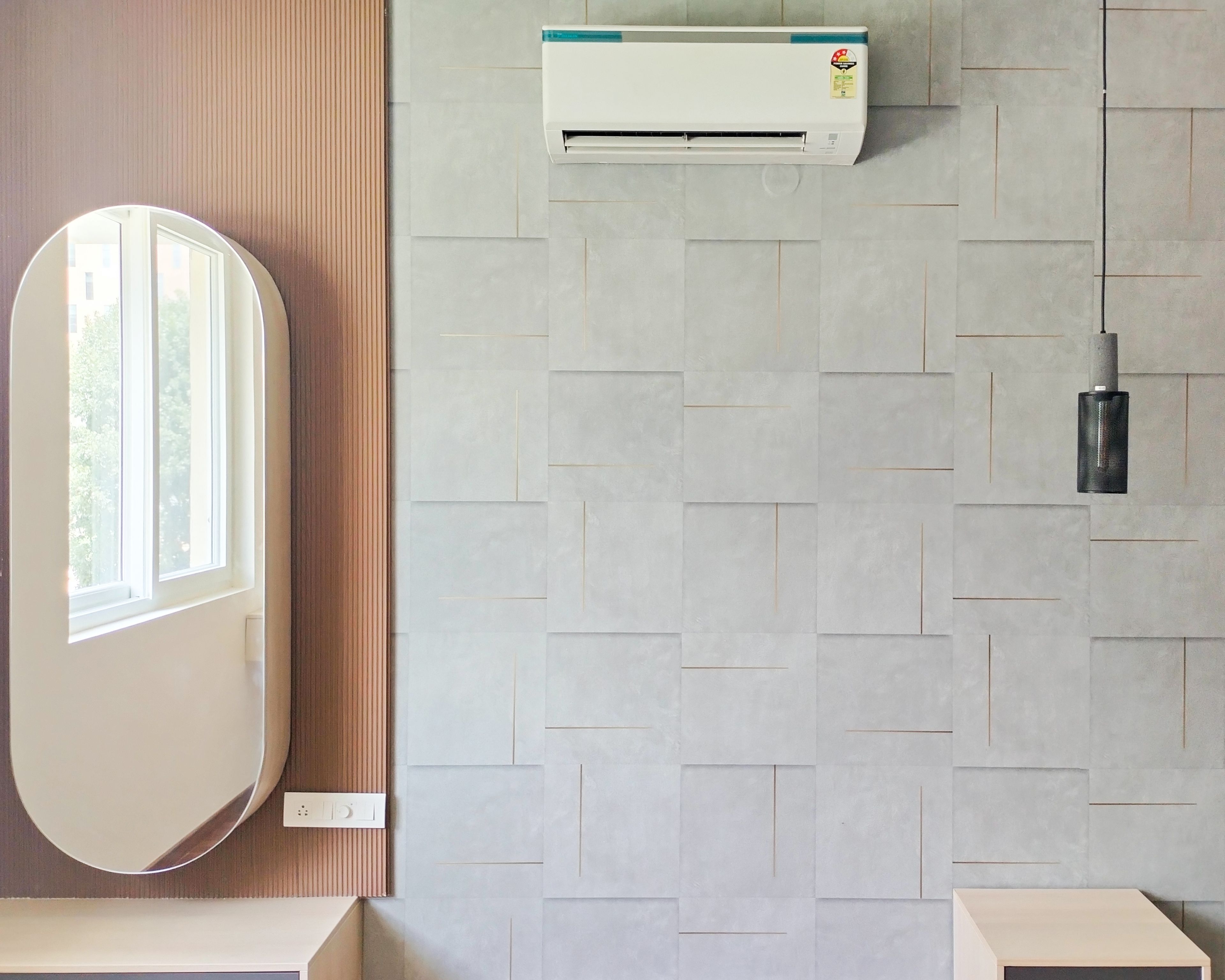 Bedroom design with Texrured Grey Wall with Wall Mounted Storage Mirror