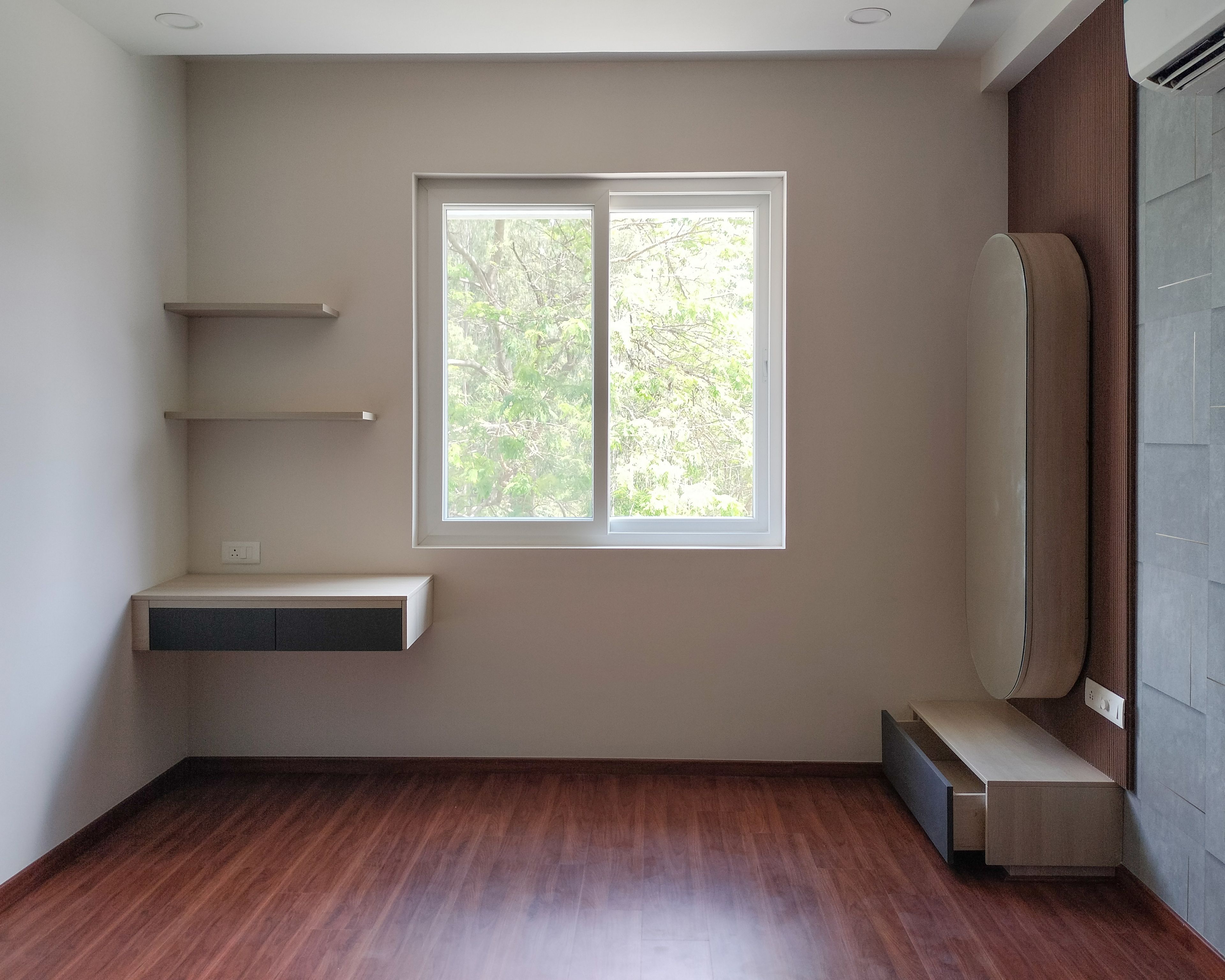 Bedroom Design with Wall Mounted Storage Mirror and Study Desk
