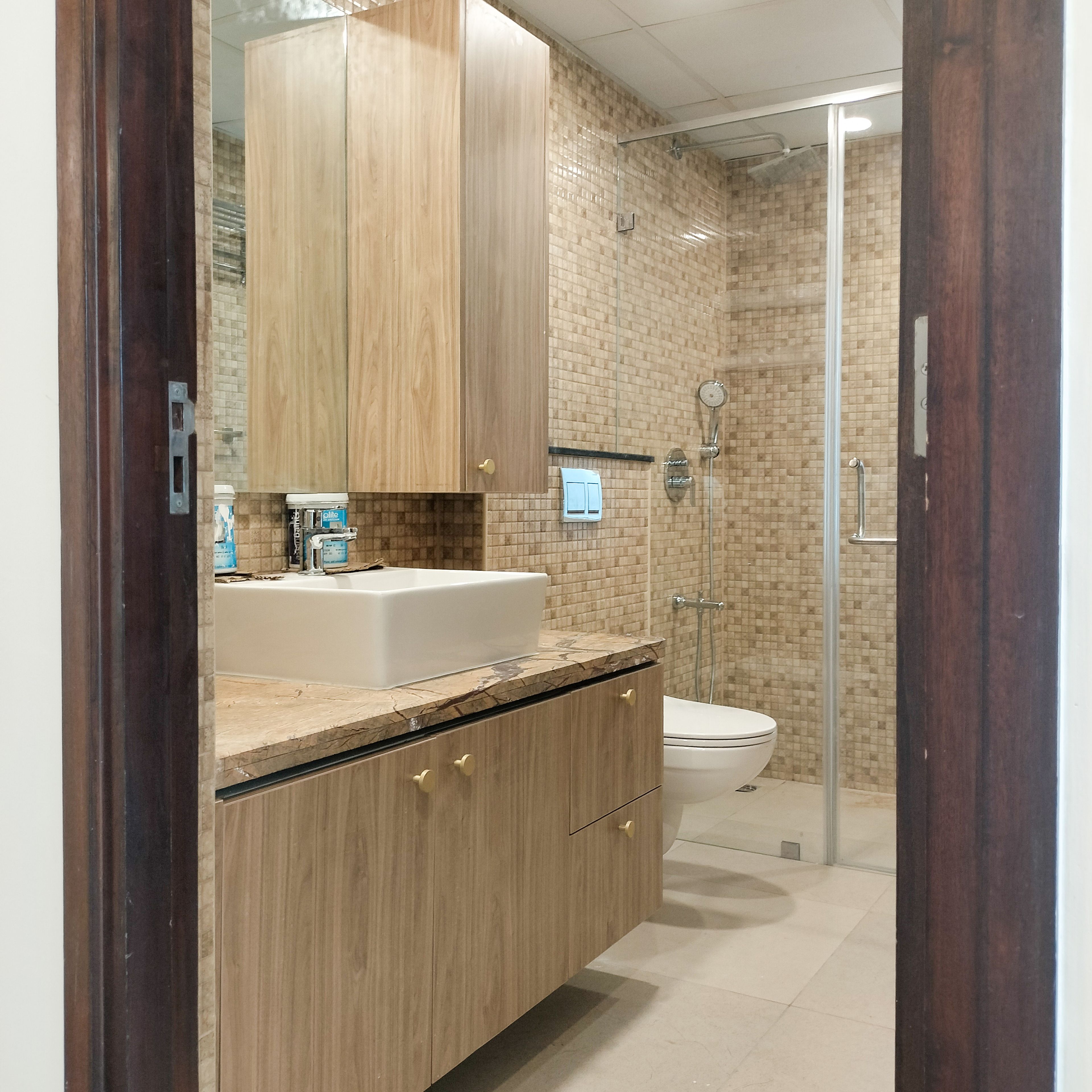 Bathroom Design with Wooden Cabinets and Glass Shower Partition